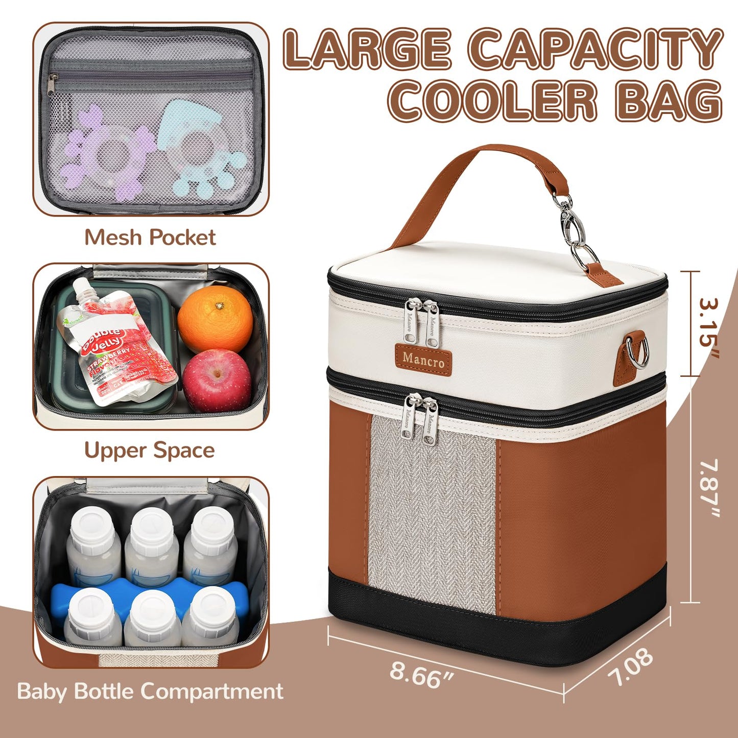 Mancro Breastmilk Cooler Bag with Ice Pack, Double Layer Insulated Baby Bottles Bag Fits 6 Bottles Up to 9 Ounces, Portable Breast Pump Cooler Travel Bag for Daycare and Nursing Moms, Beige