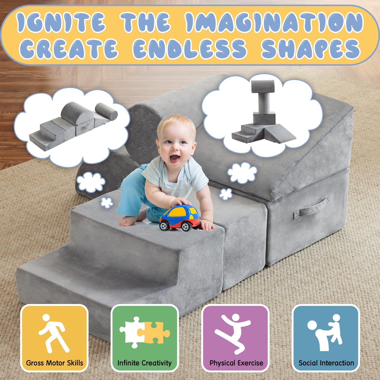 jela Foam Blocks 6Pcs Soft Play Equipment Waterproof Fabric, UV Resistant Toddler Climbing Toys Indoor& Outdoor Soft Play Climbing for Toddlers, Lightweight Climbing Blocks for Babies, Kids (Darkgrey)