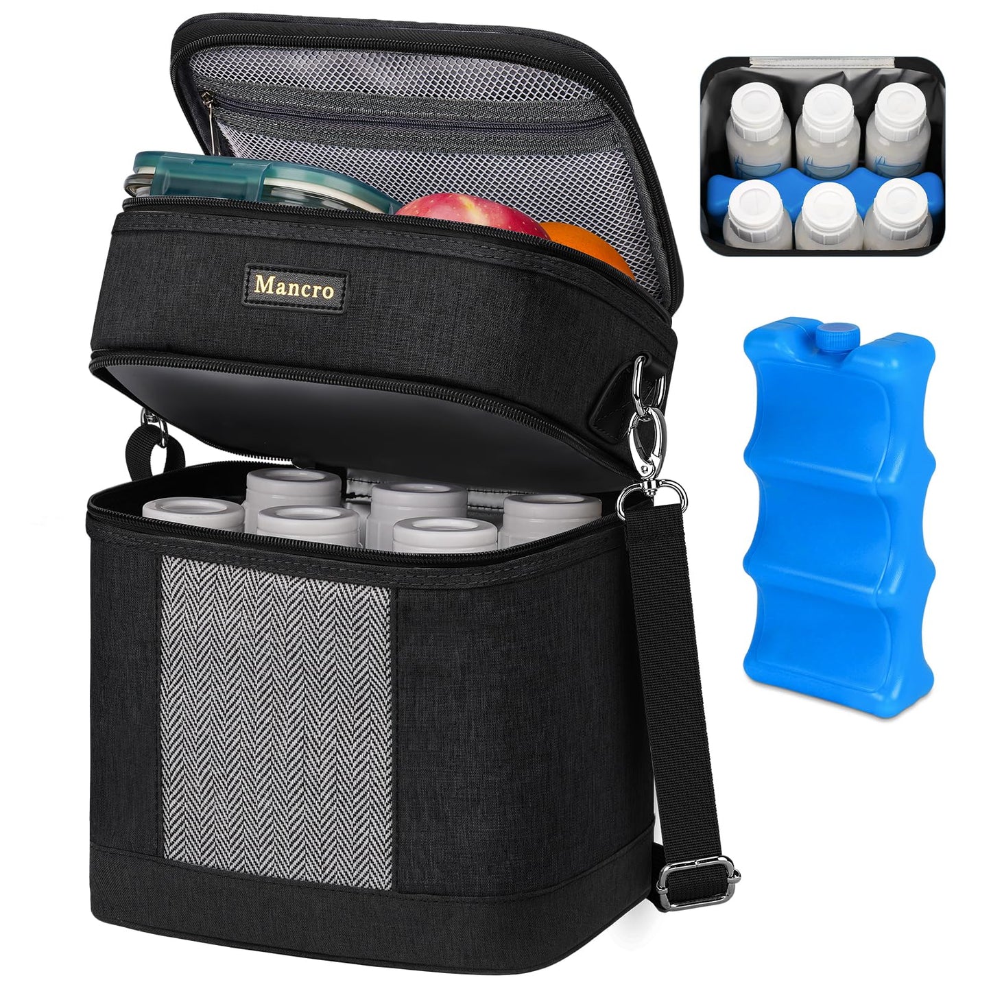 Mancro Breastmilk Cooler Bag with Ice Pack, Double Layer Insulated Baby Bottles Bag Fits 6 Bottles Up to 9 Ounces, Portable Breast Pump Cooler Travel Bag for Daycare and Nursing Moms, Beige