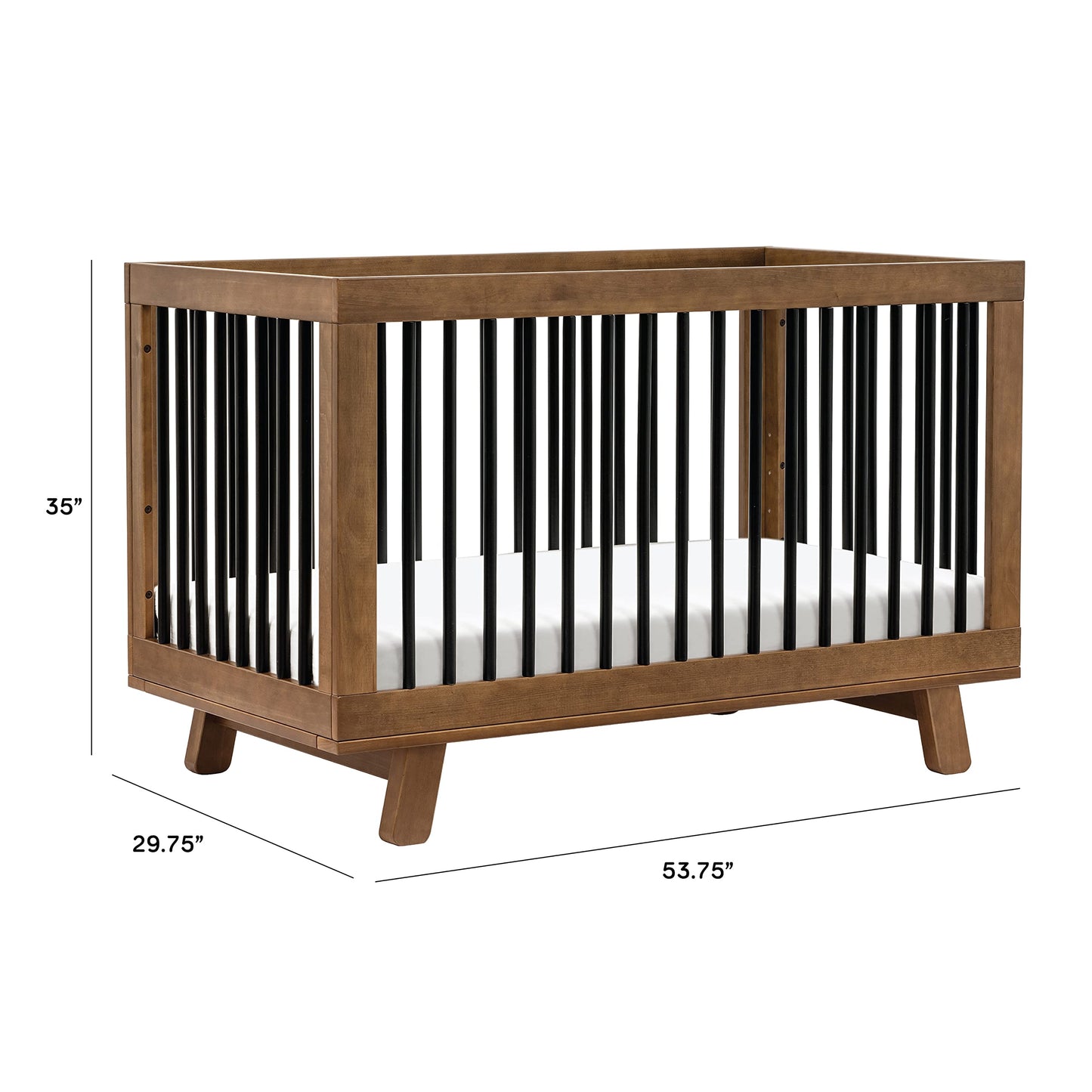Wooden crib with black and white striped sides and dimensions on a white background