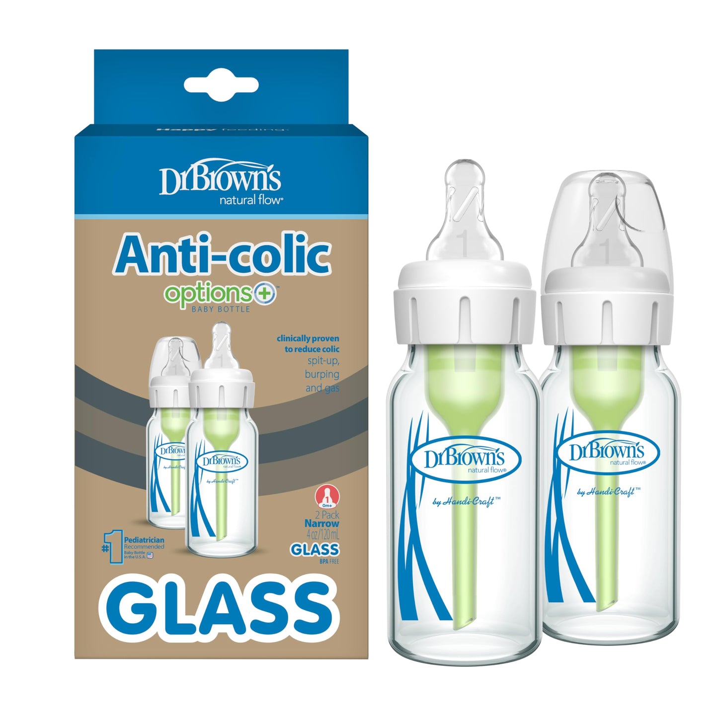 Dr. Brown's Natural Flow Anti-Colic Options+ Narrow Glass Baby Bottle Starter Set with Silicone Bottle Sleeves, Brush & Soft 100% Silicone HappyPaci Pacifier for Newborns, 0m+