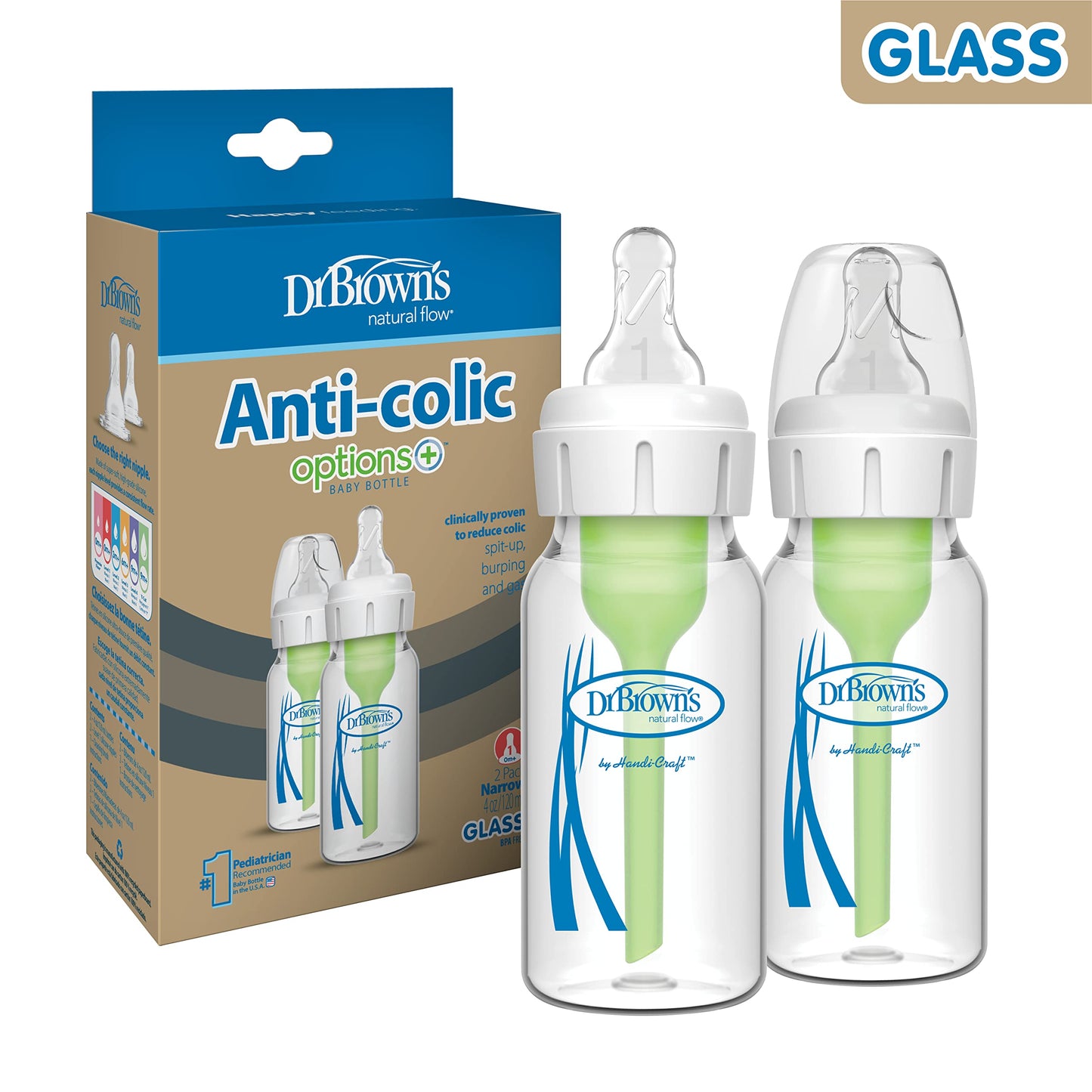 Dr. Brown's Natural Flow Anti-Colic Options+ Narrow Glass Baby Bottle Starter Set with Silicone Bottle Sleeves, Brush & Soft 100% Silicone HappyPaci Pacifier for Newborns, 0m+