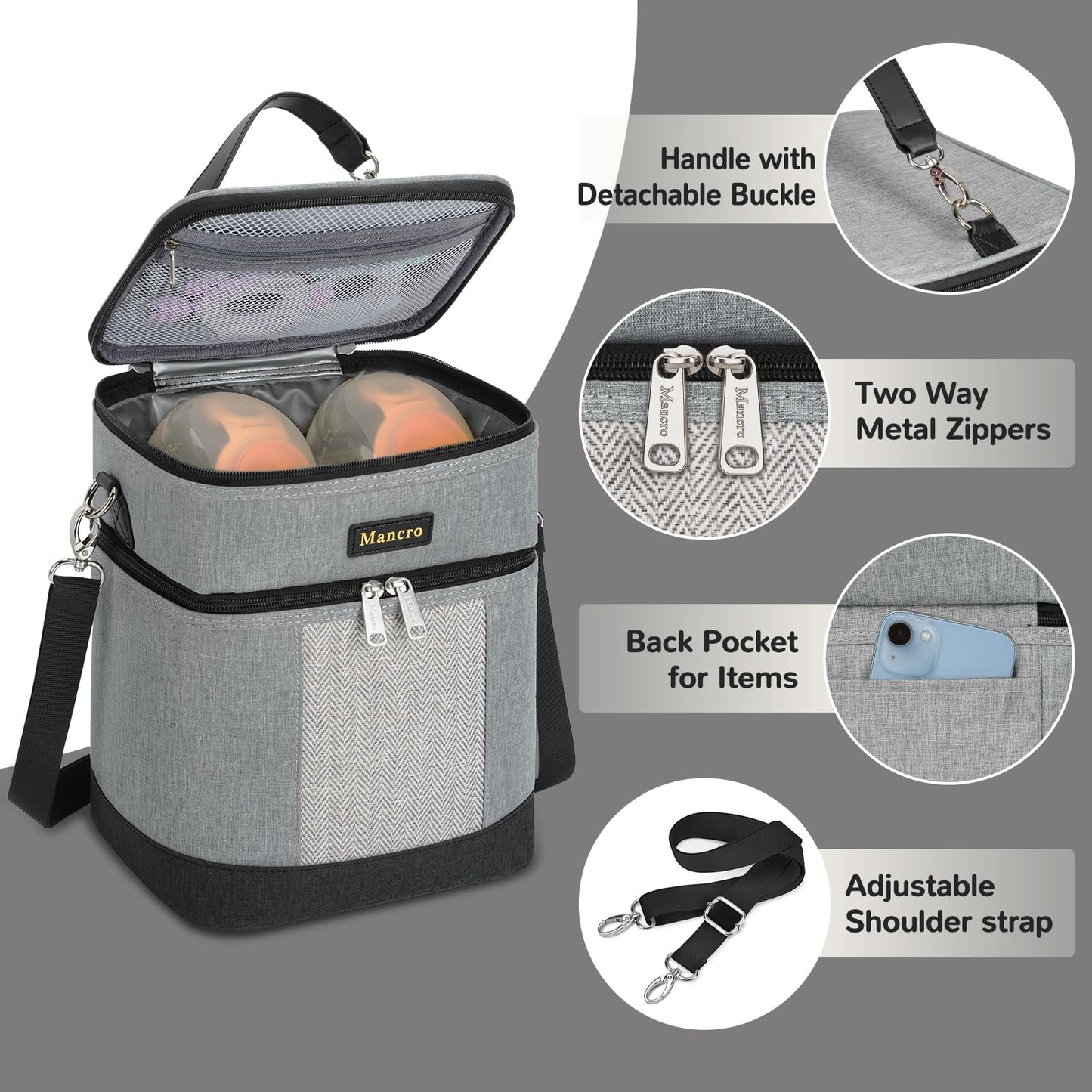 Mancro Breastmilk Cooler Bag with Ice Pack, Double Layer Insulated Baby Bottles Bag Fits 6 Bottles Up to 9 Ounces, Portable Breast Pump Cooler Travel Bag for Daycare and Nursing Moms, Beige