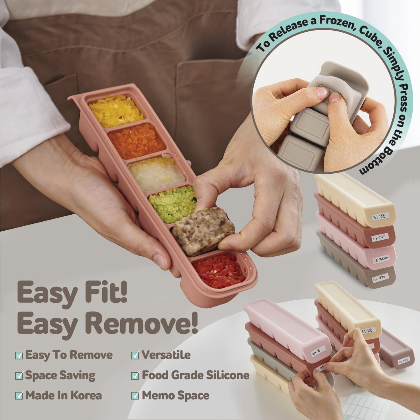 4 Section-1.7oz Gray 100% Food Grade Silicone Ice Cube Tray Food Container with Airtight Locking Lid, Fruit Vegetable Purees, Breastmilk Storage for Baby & Toddler Food | BPA Free Korea Made