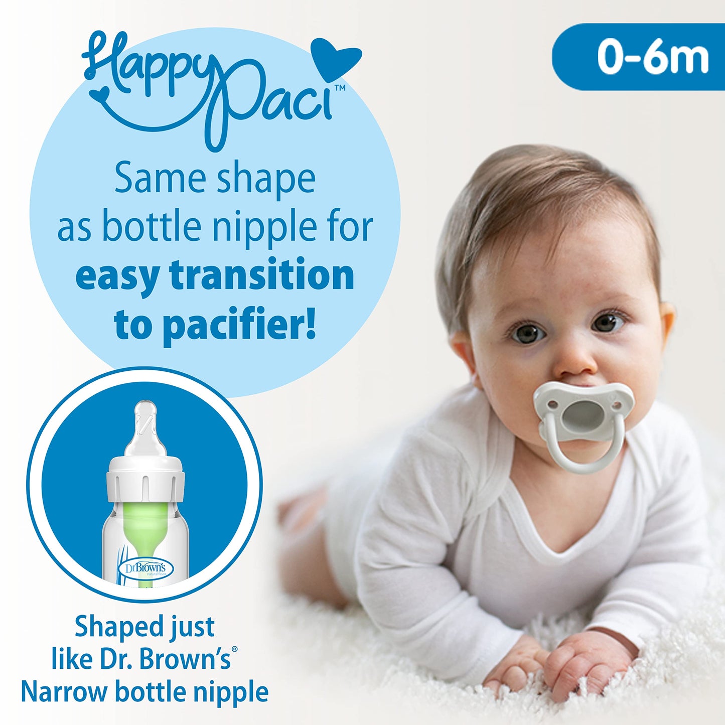Dr. Brown's Natural Flow Anti-Colic Options+ Narrow Glass Baby Bottle Starter Set with Silicone Bottle Sleeves, Brush & Soft 100% Silicone HappyPaci Pacifier for Newborns, 0m+
