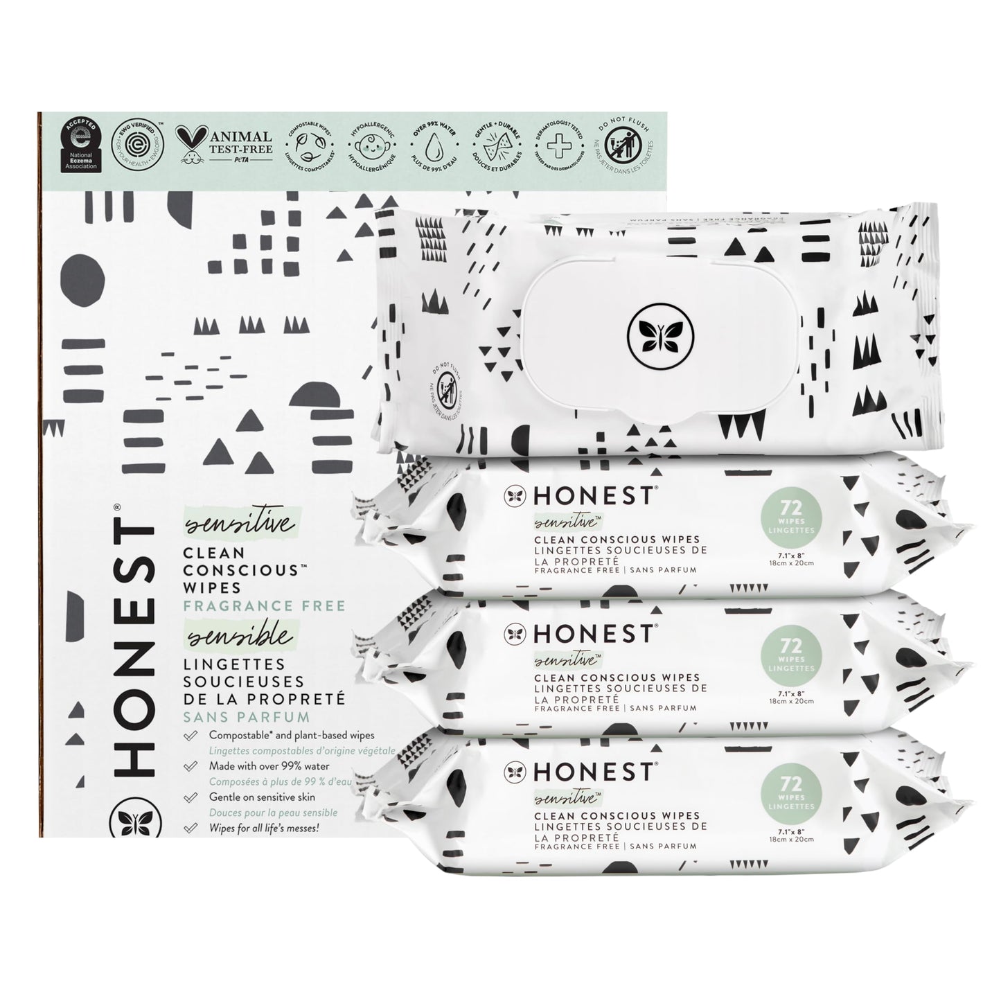 The Honest Company Clean Conscious Multi-Use Wipes | Hypoallergenic + Unscented for Sensitive Skin | Over 99% Water, Compostable, Plant Based, Baby Wipes | Pattern Play, 720 Count
