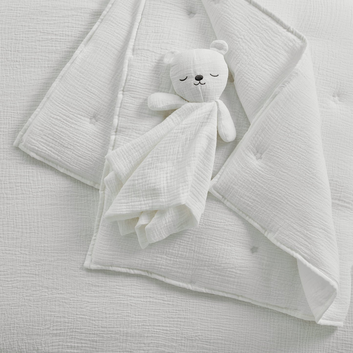 Levtex Baby - Cloud Muslin Crib Bed Set - Baby Nursery Set - Sage and White Stars - Sage Textured Muslin - 5 Piece Set Includes Quilt, Fitted Sheet, Two Swaddles & Bear Lovey
