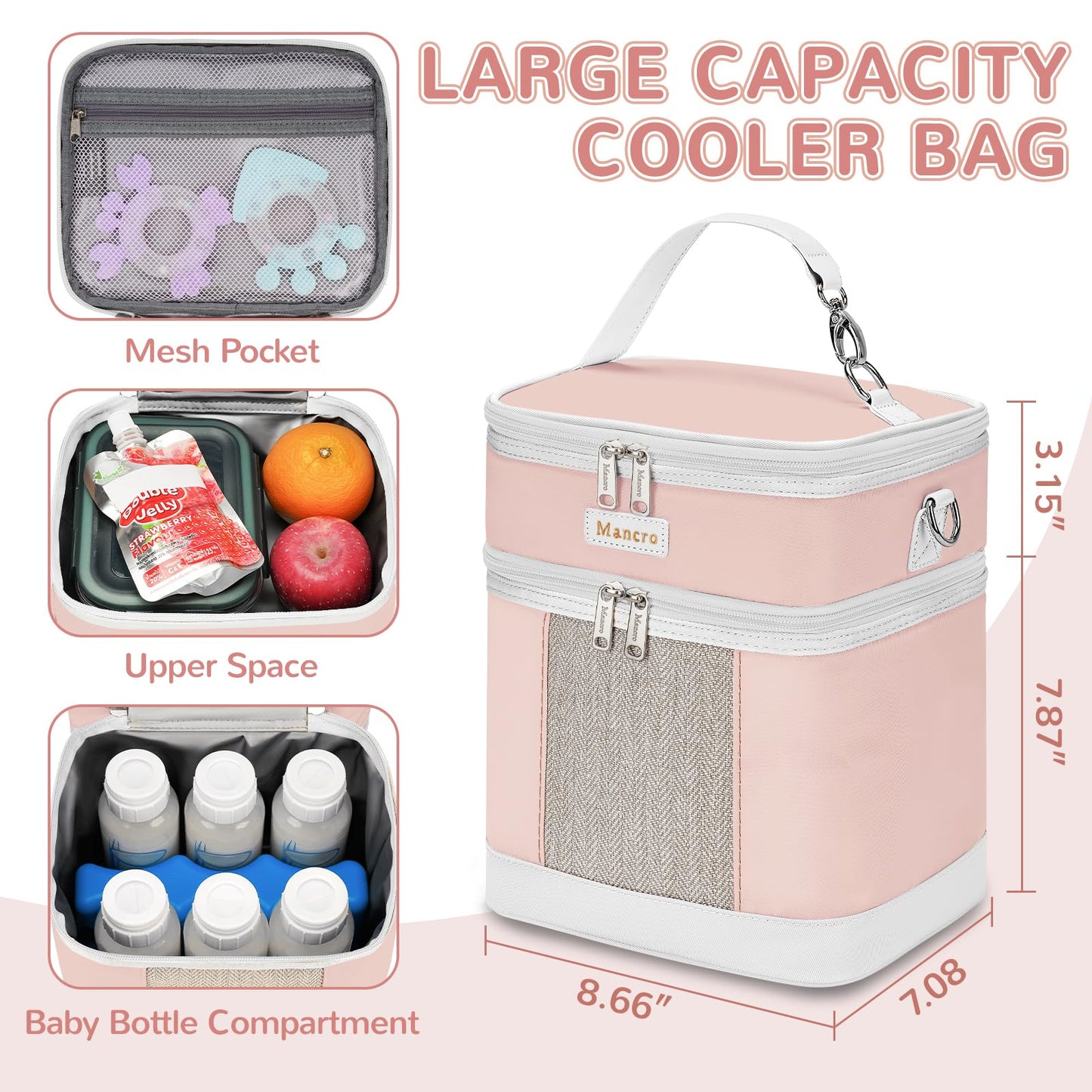 Mancro Breastmilk Cooler Bag with Ice Pack, Double Layer Insulated Baby Bottles Bag Fits 6 Bottles Up to 9 Ounces, Portable Breast Pump Cooler Travel Bag for Daycare and Nursing Moms, Beige