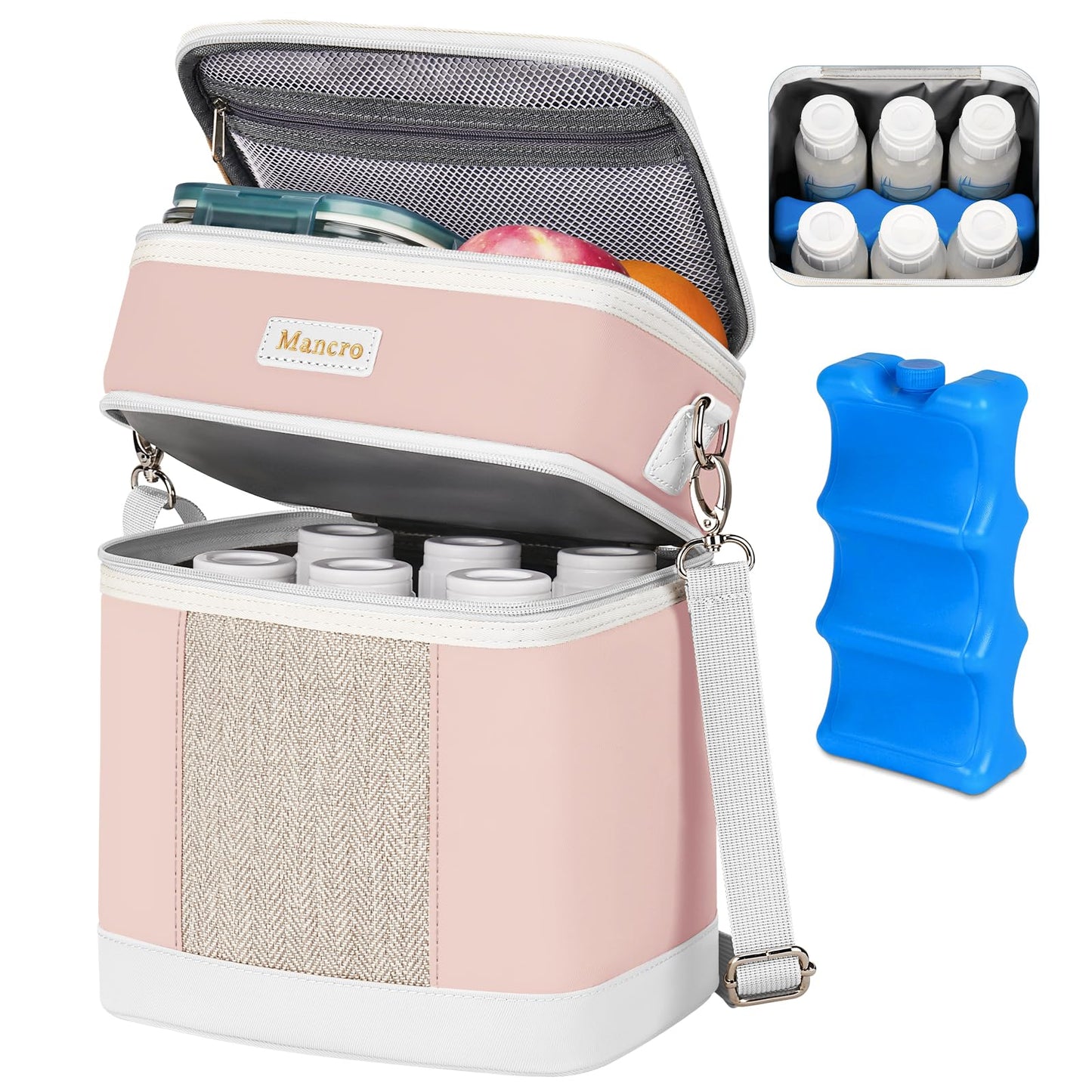 Mancro Breastmilk Cooler Bag with Ice Pack, Double Layer Insulated Baby Bottles Bag Fits 6 Bottles Up to 9 Ounces, Portable Breast Pump Cooler Travel Bag for Daycare and Nursing Moms, Beige