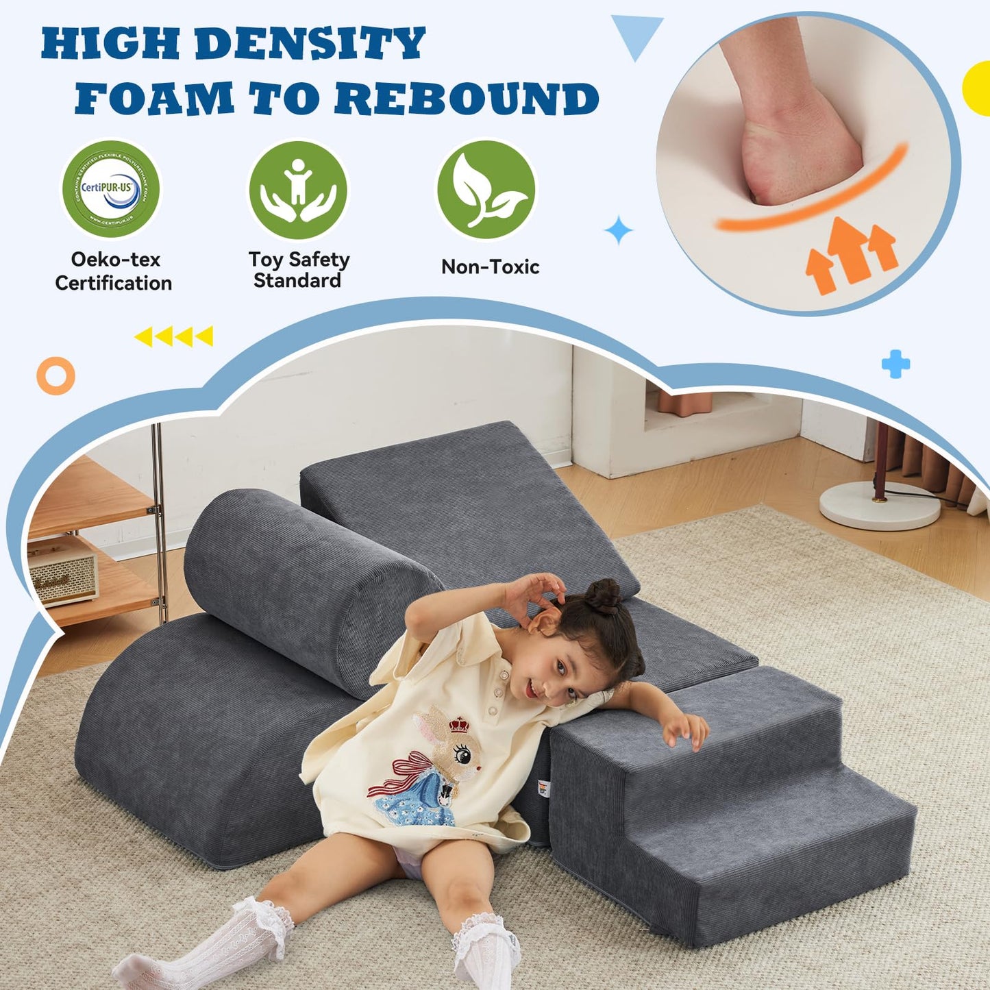 jela Foam Blocks 6Pcs Soft Play Equipment Waterproof Fabric, UV Resistant Toddler Climbing Toys Indoor& Outdoor Soft Play Climbing for Toddlers, Lightweight Climbing Blocks for Babies, Kids (Darkgrey)