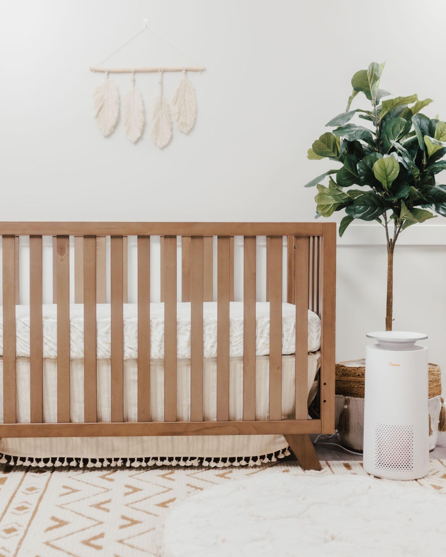 Crane Baby Boho Cotton Baby Crib Skirt with Fringe, White Bed Skirt Fits Standard Cribs, Skirting 28” X 52” X 8”, Off White Neutral Crib Skirts for Nursery