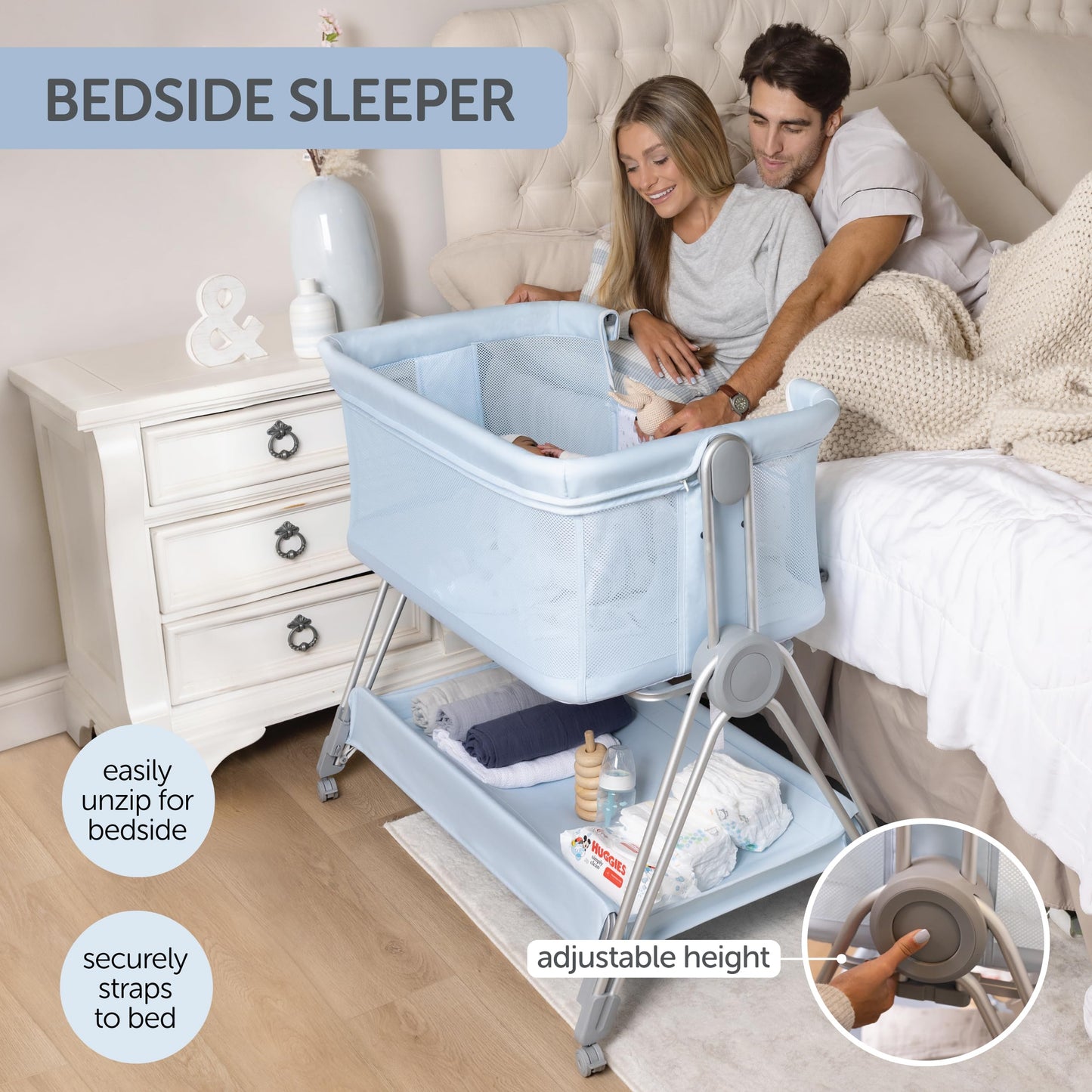 Baby Bedside Sleeper - Bassinet & Bedside Crib with Height Adjustment & Wheels - Can Be Placed Next to Bed - Attaches to Parents Bed - Easy to Fold & Carry Bassinet for Girls (Pink)