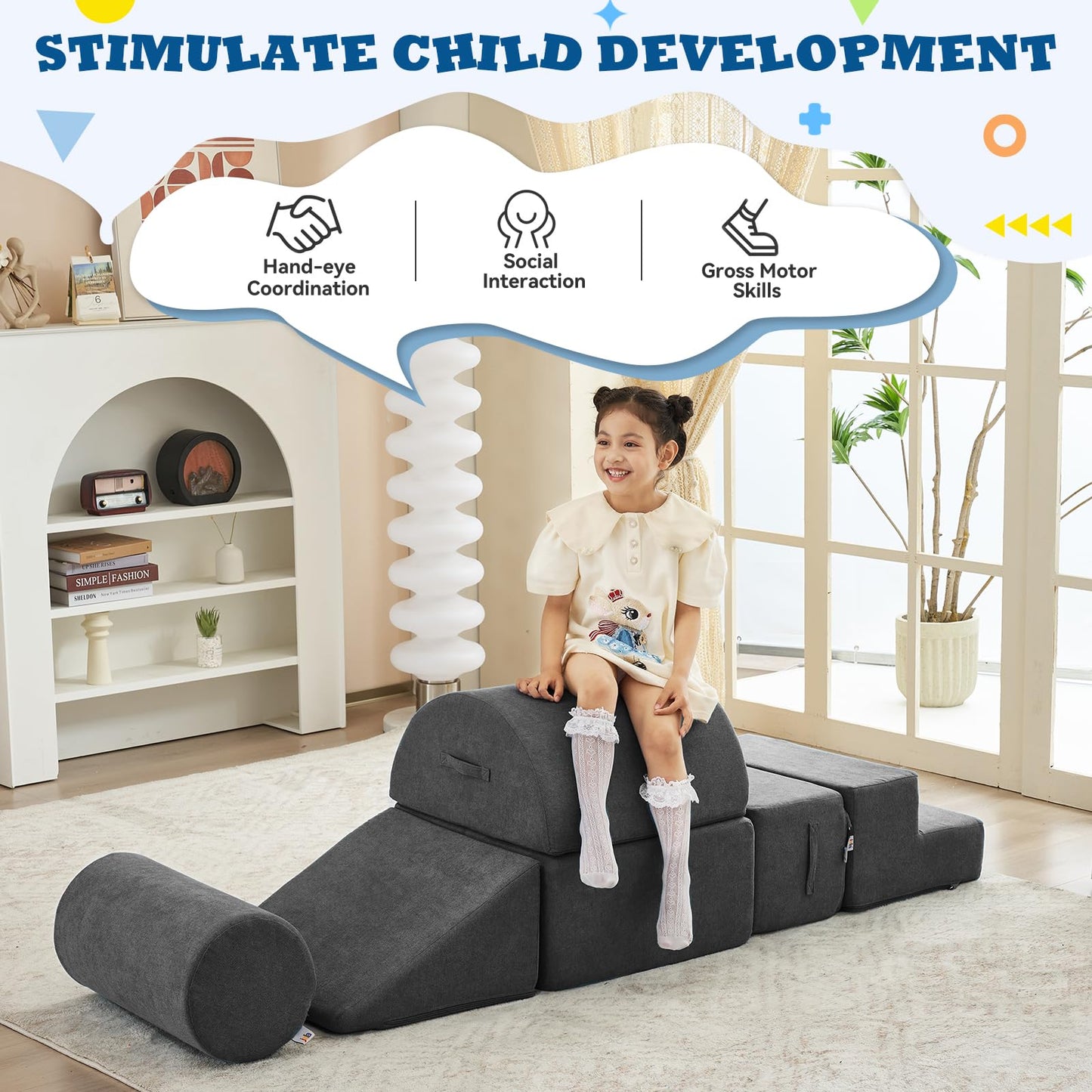 jela Foam Blocks 6Pcs Soft Play Equipment Waterproof Fabric, UV Resistant Toddler Climbing Toys Indoor& Outdoor Soft Play Climbing for Toddlers, Lightweight Climbing Blocks for Babies, Kids (Darkgrey)