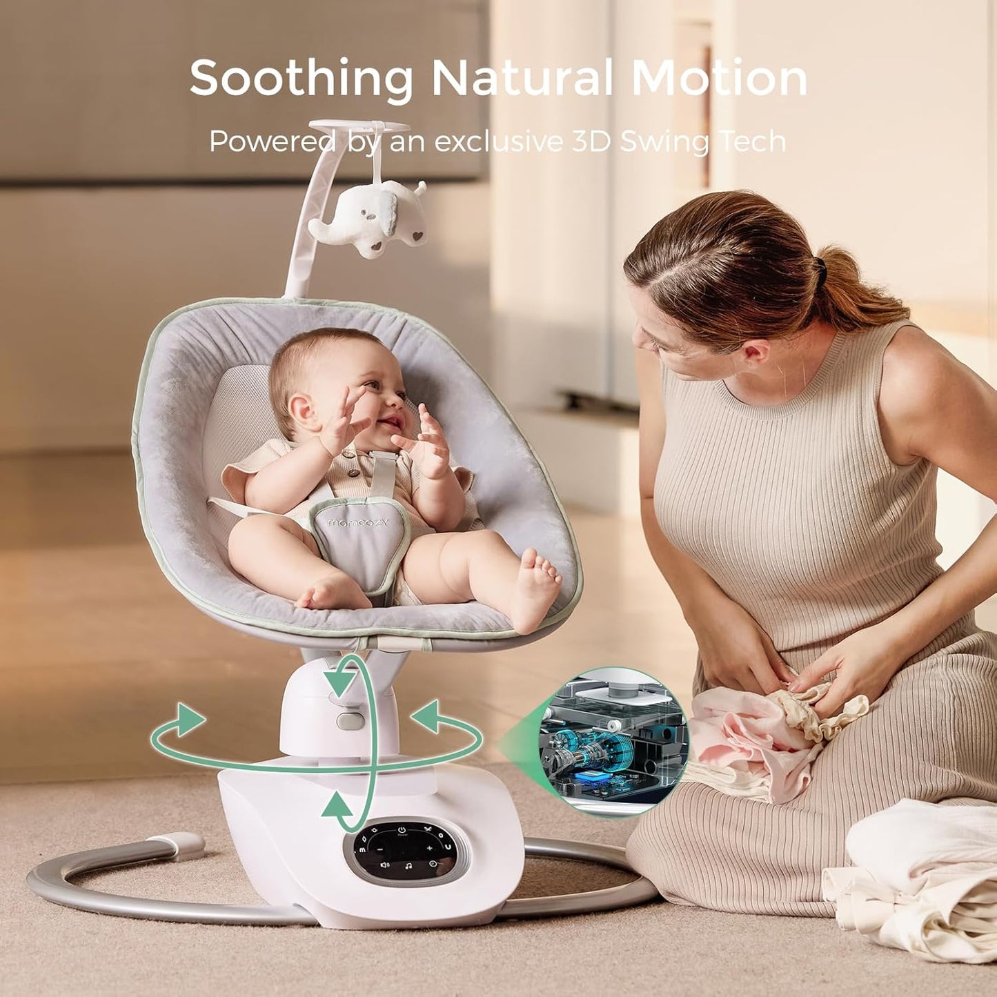 Momcozy CocoSway 3D-Motion Baby Swing for Infants to Toddlers, 6 Motion Modes & 4 Speeds, 180° Rotating Seat, Remote Control, Reclining Seat with 5-Point Harness, 8 Preset Lullabies, Grey
