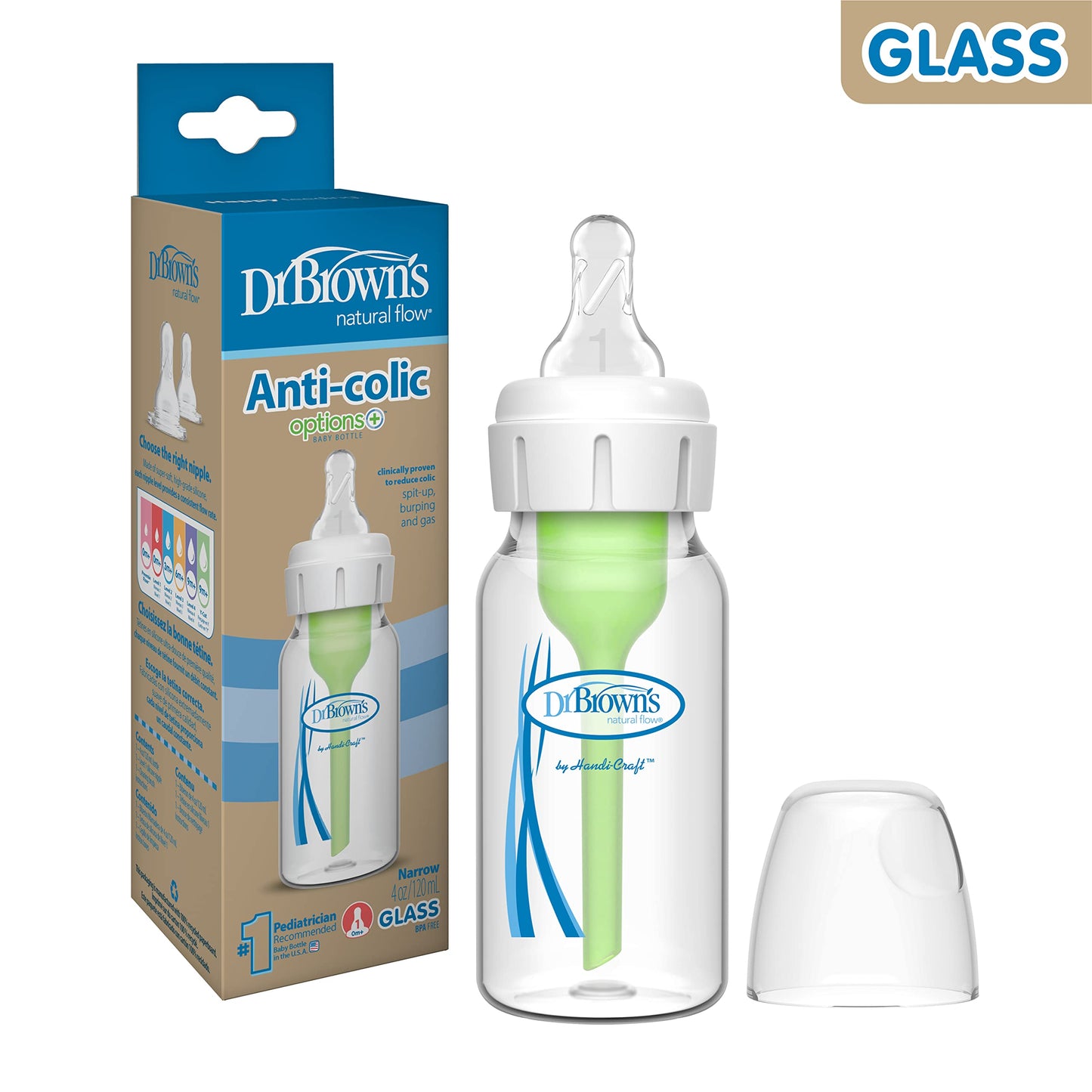 Dr. Brown's Natural Flow Anti-Colic Options+ Narrow Glass Baby Bottle Starter Set with Silicone Bottle Sleeves, Brush & Soft 100% Silicone HappyPaci Pacifier for Newborns, 0m+