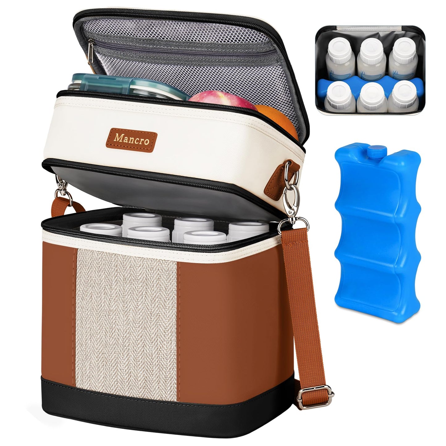 Mancro Breastmilk Cooler Bag with Ice Pack, Double Layer Insulated Baby Bottles Bag Fits 6 Bottles Up to 9 Ounces, Portable Breast Pump Cooler Travel Bag for Daycare and Nursing Moms, Beige