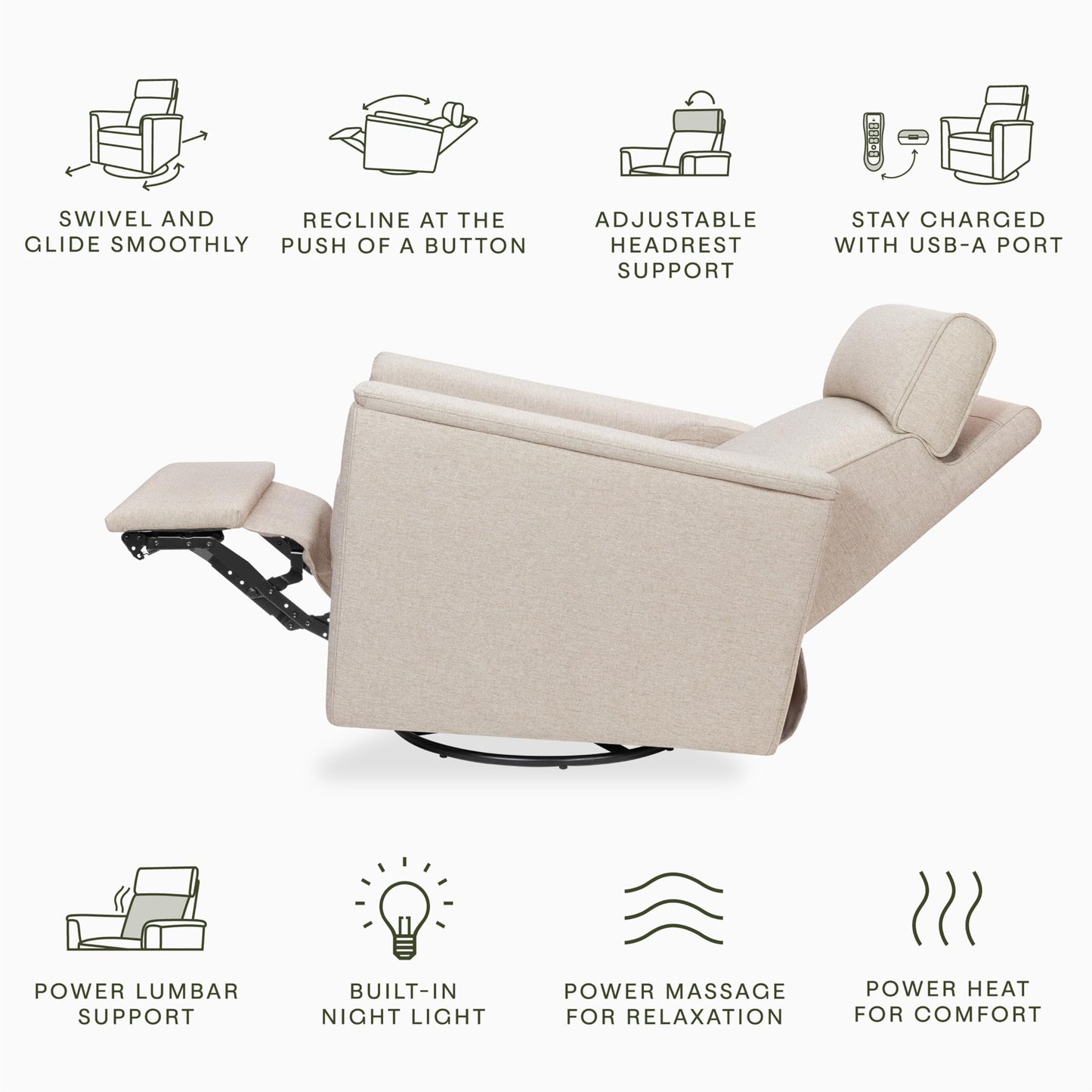 NAMESAKE Willa Plus Electric Power Recliner Chair with Headrest & USB Ports - Water & Stain Resistant Nursery Glider Rocking Chair for Nursing - GREENGUARD Gold Certified 270° Swivel Glider Recliner