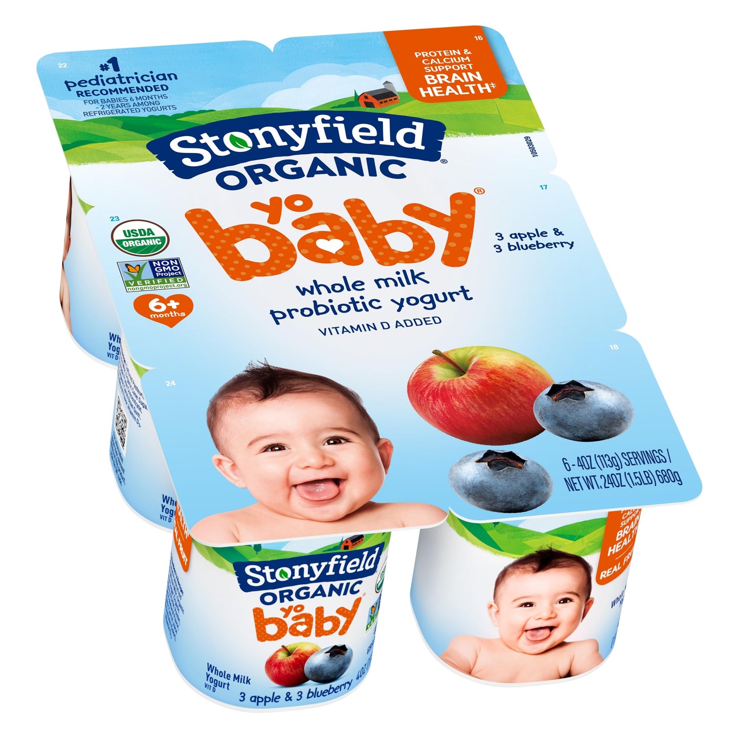 Stonyfield Organic YoBaby Whole Milk Baby Yogurt Cups with Probiotics, Plain, 4 Oz, 6 Pack