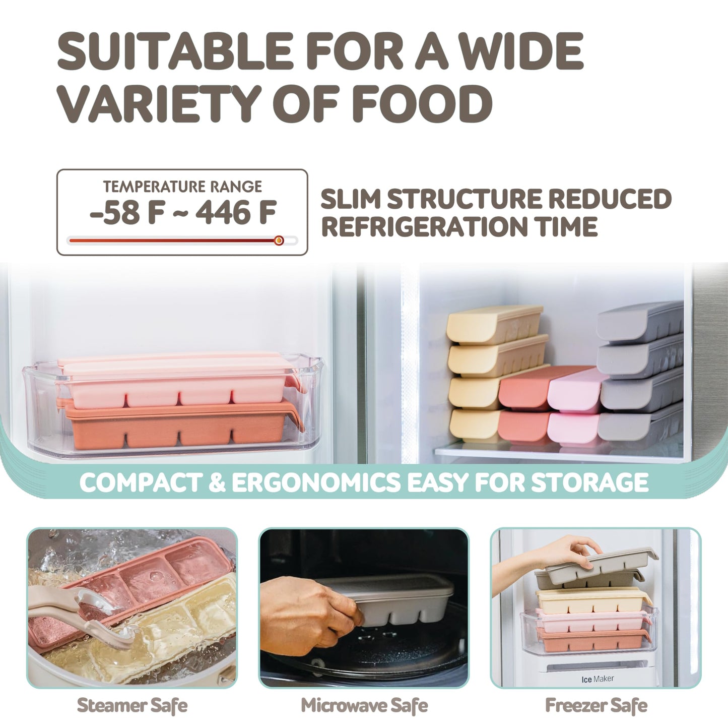 4 Section-1.7oz Gray 100% Food Grade Silicone Ice Cube Tray Food Container with Airtight Locking Lid, Fruit Vegetable Purees, Breastmilk Storage for Baby & Toddler Food | BPA Free Korea Made