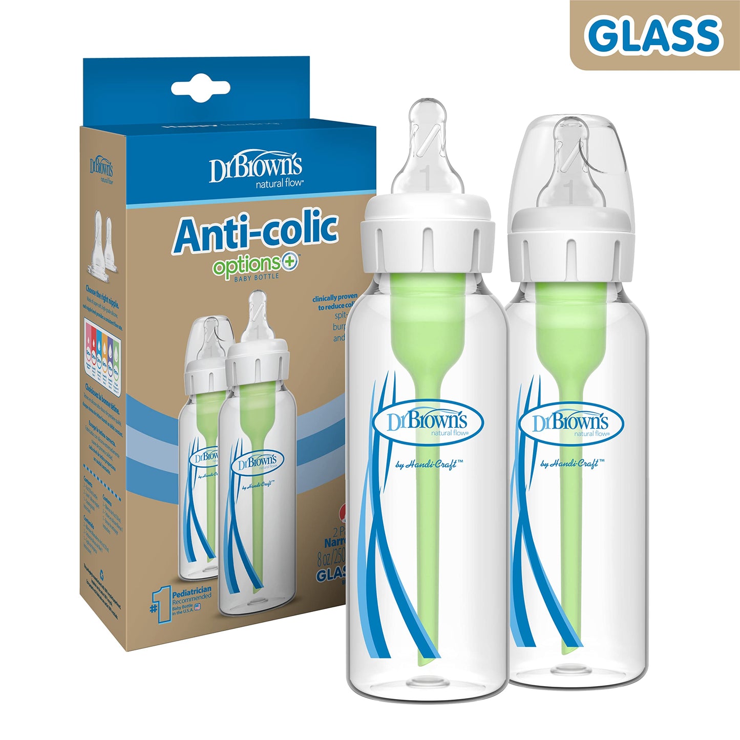 Dr. Brown's Natural Flow Anti-Colic Options+ Narrow Glass Baby Bottle Starter Set with Silicone Bottle Sleeves, Brush & Soft 100% Silicone HappyPaci Pacifier for Newborns, 0m+