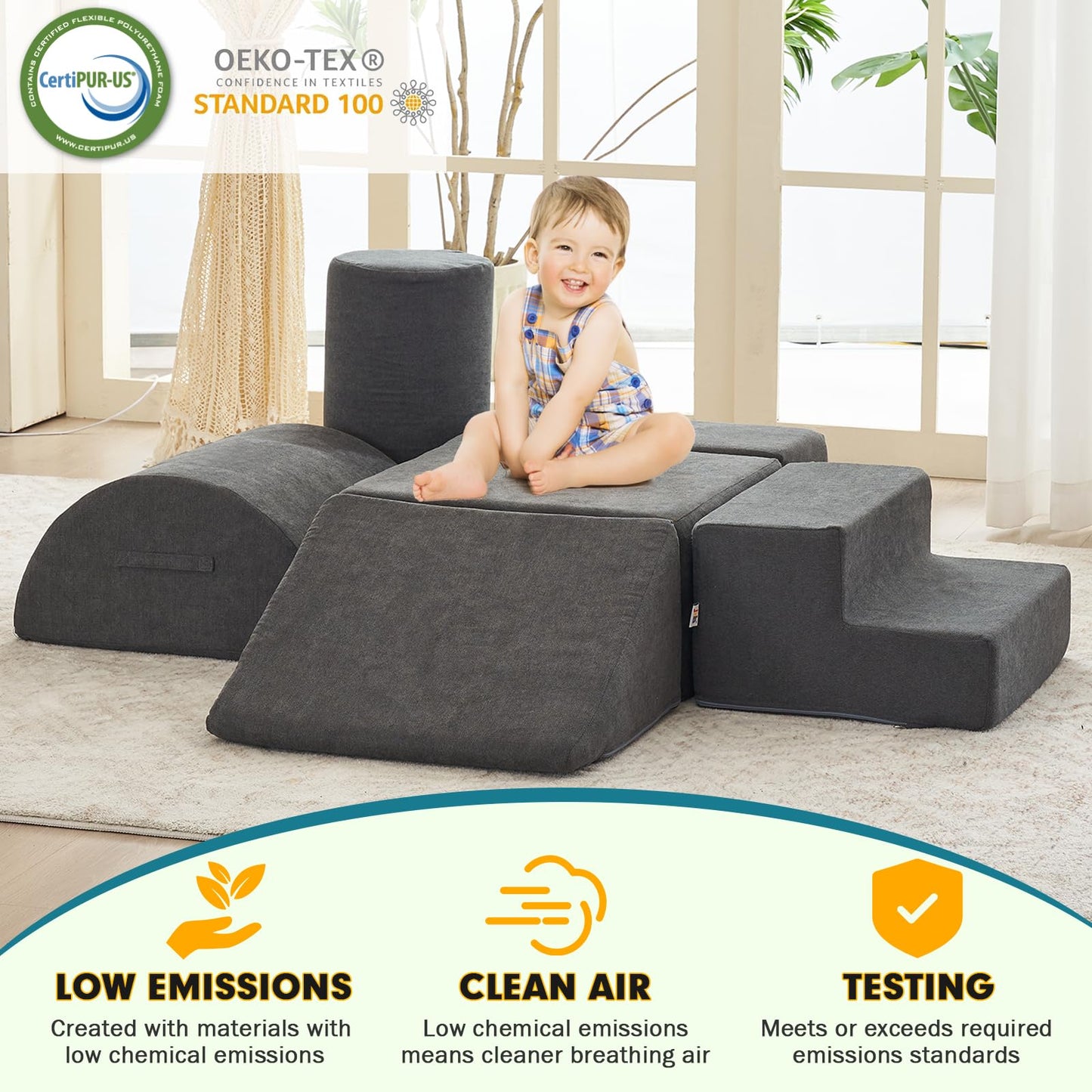 jela Foam Blocks 6Pcs Soft Play Equipment Waterproof Fabric, UV Resistant Toddler Climbing Toys Indoor& Outdoor Soft Play Climbing for Toddlers, Lightweight Climbing Blocks for Babies, Kids (Darkgrey)
