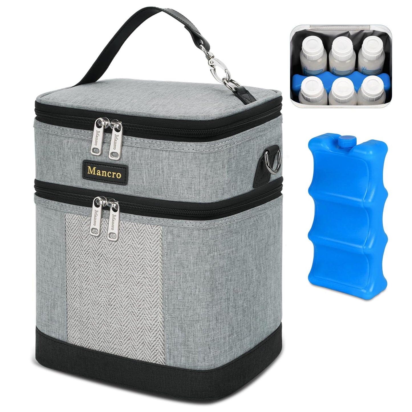 Mancro Breastmilk Cooler Bag with Ice Pack, Double Layer Insulated Baby Bottles Bag Fits 6 Bottles Up to 9 Ounces, Portable Breast Pump Cooler Travel Bag for Daycare and Nursing Moms, Beige