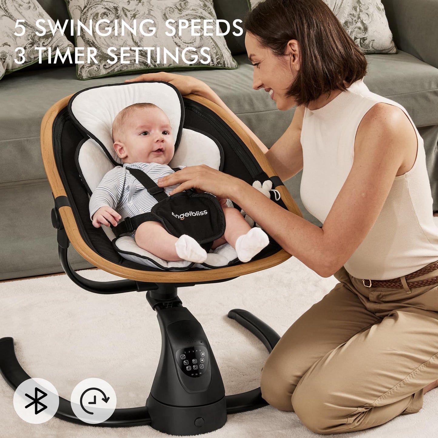 Angelbliss Baby Swing with Cry Detection, Side-to-Side Electric Swing with 5 Speeds
