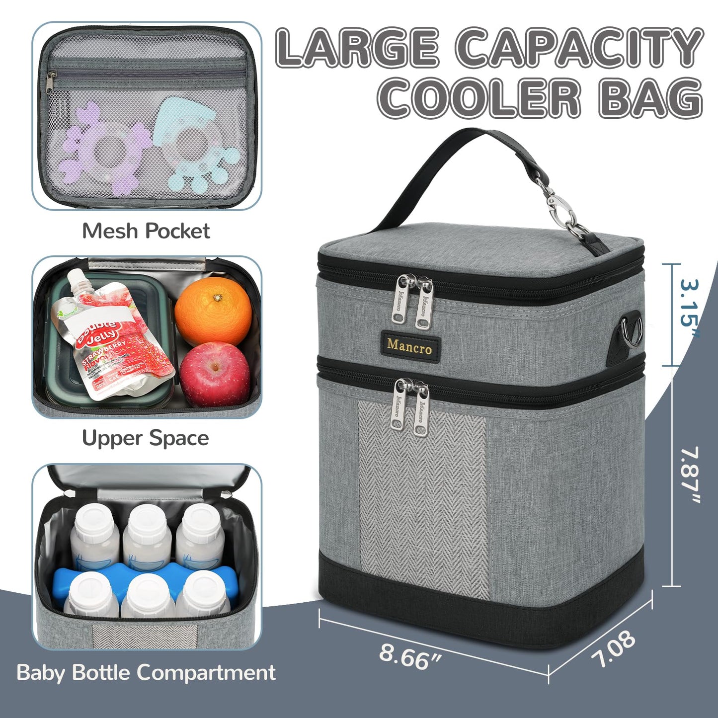 Mancro Breastmilk Cooler Bag with Ice Pack, Double Layer Insulated Baby Bottles Bag Fits 6 Bottles Up to 9 Ounces, Portable Breast Pump Cooler Travel Bag for Daycare and Nursing Moms, Beige