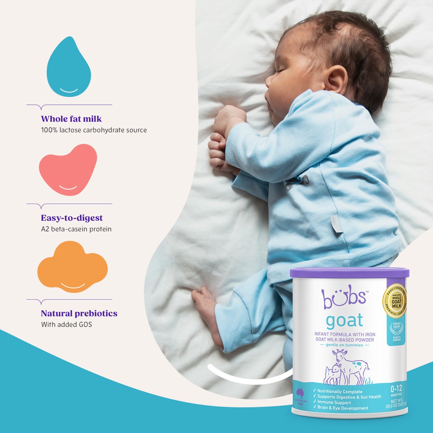 Bubs Whole Goat Milk Formula with Iron, Made with Non-GMO Goat Milk, 20 oz