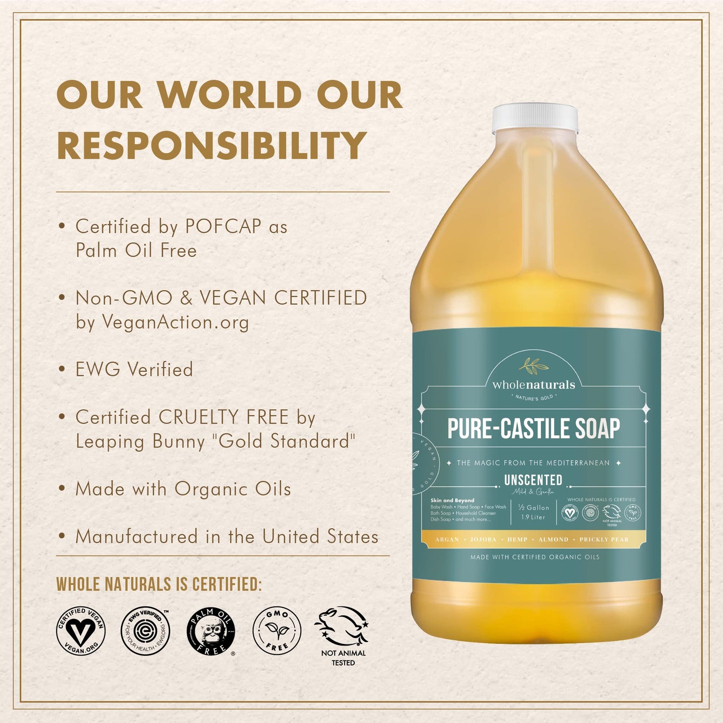 Pure Castile Soap Liquid, EWG Verified & Certified Palm Oil Free Unscented