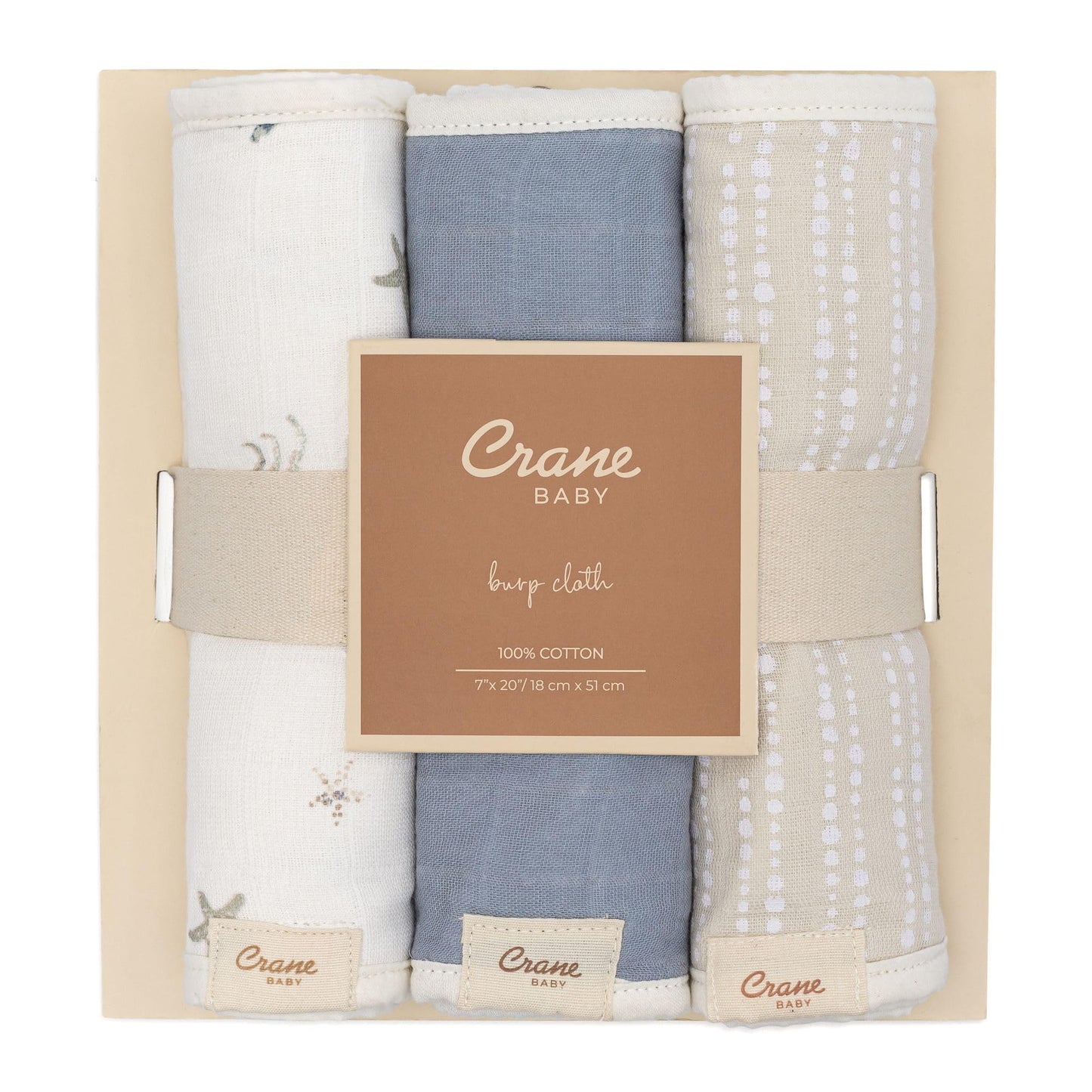 Crane Baby Muslin Burp Cloths, Nautical Theme Whale Design, Baby Boy Essentials, Cotton, Set of 3, 7" x 20" Blue Burp Cloth Set
