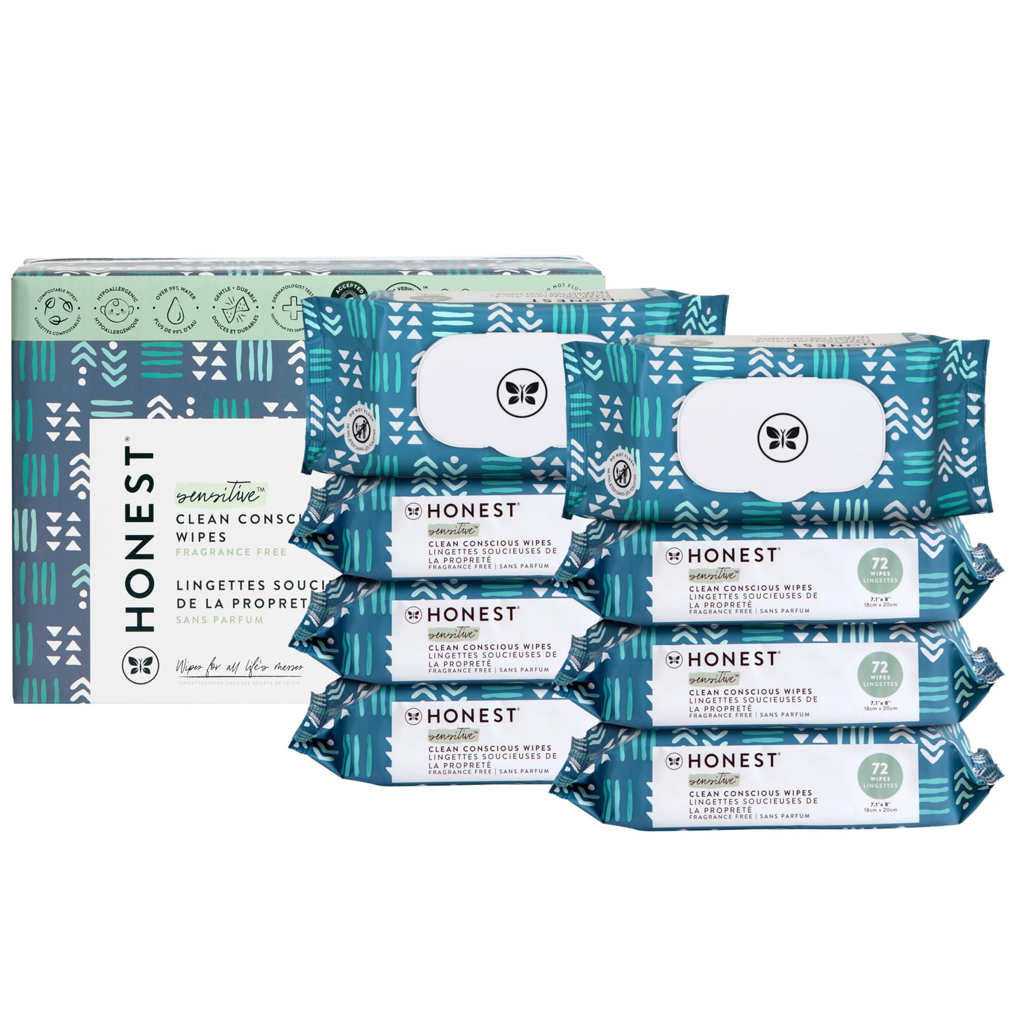The Honest Company Clean Conscious Multi-Use Wipes | Hypoallergenic + Unscented for Sensitive Skin | Over 99% Water, Compostable, Plant Based, Baby Wipes | Pattern Play, 720 Count