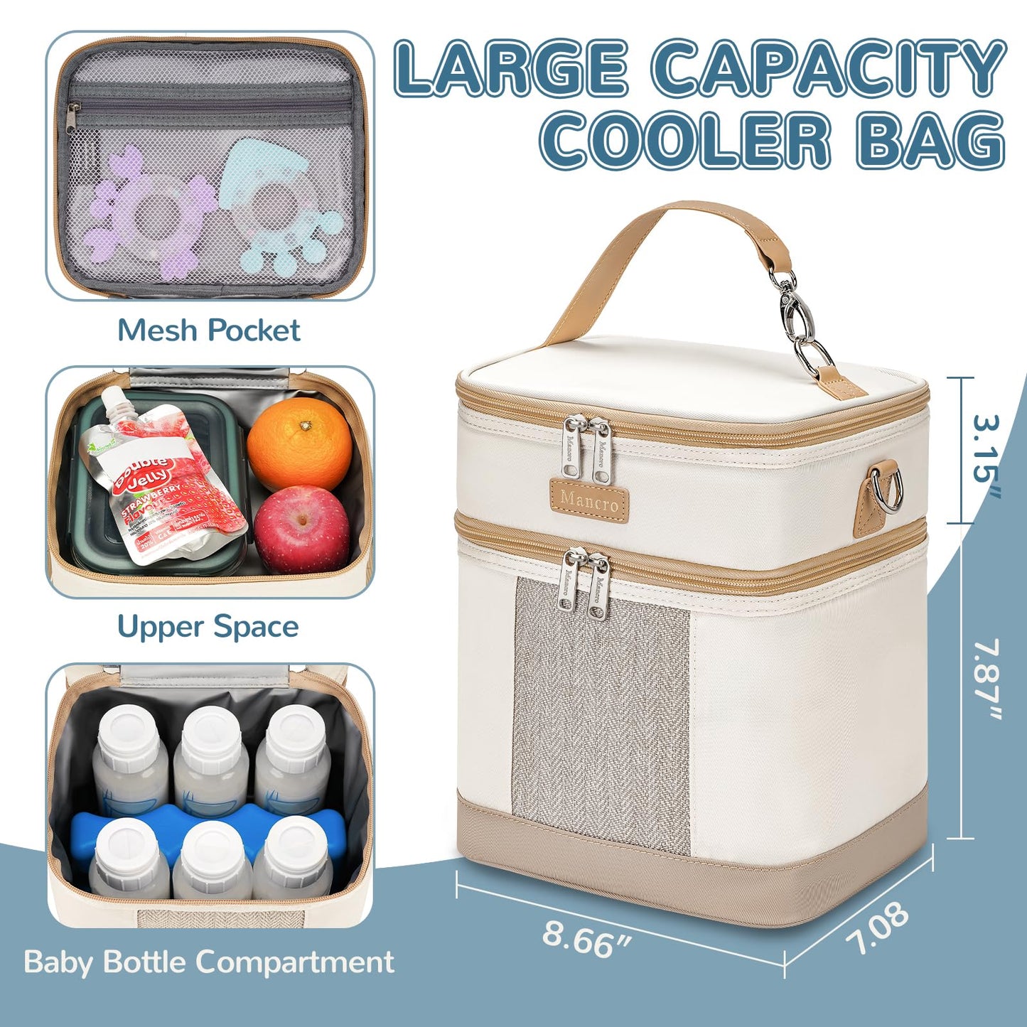 Mancro Breastmilk Cooler Bag with Ice Pack, Double Layer Insulated Baby Bottles Bag Fits 6 Bottles Up to 9 Ounces, Portable Breast Pump Cooler Travel Bag for Daycare and Nursing Moms, Beige