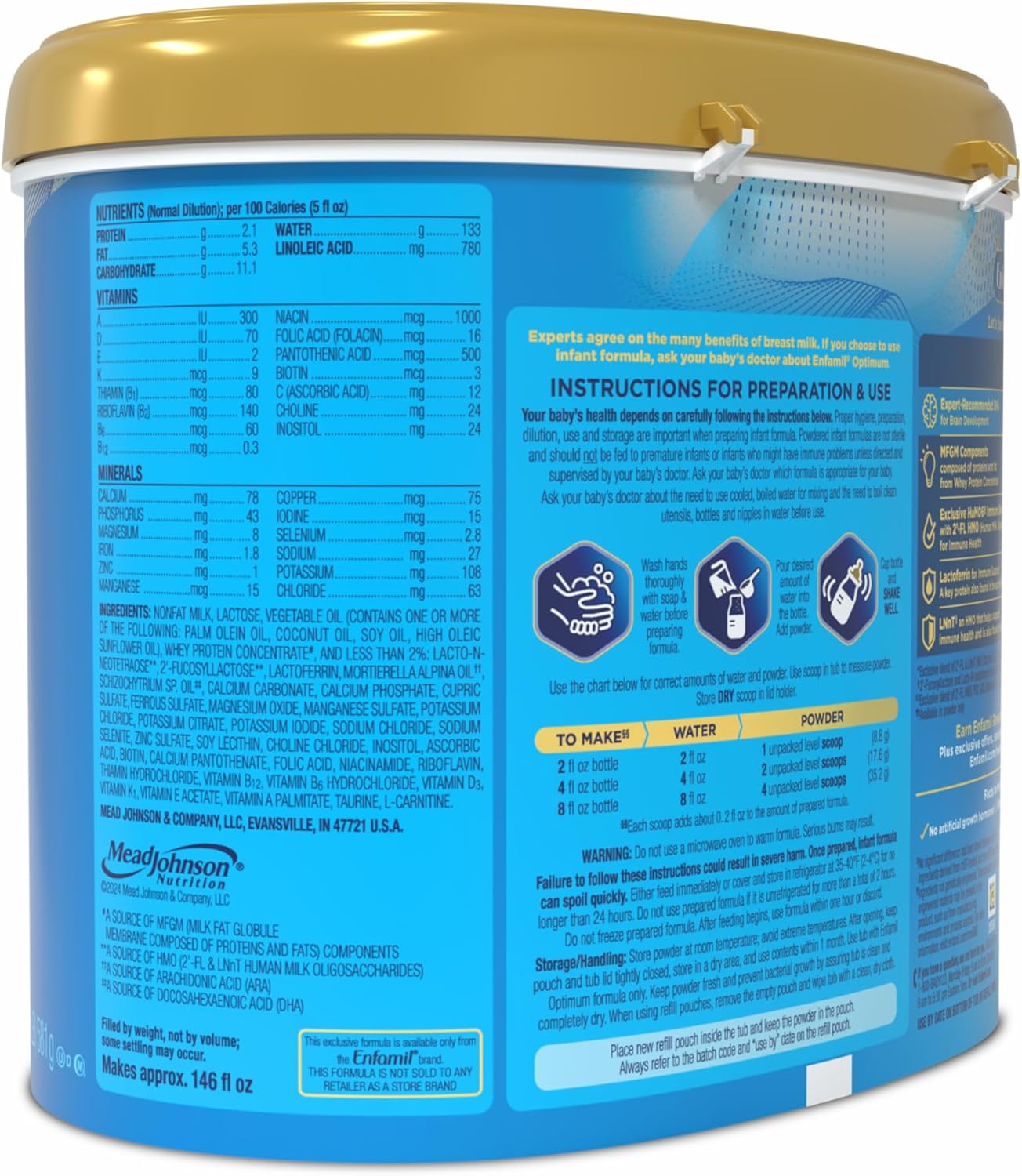 Enfamil Optimum (Enspire), Our Closest Formula to Breast Milk, Immune-Supporting Lactoferrin and Brain-Supporting DHA Baby Formula, Powder 20.5 Oz Tub