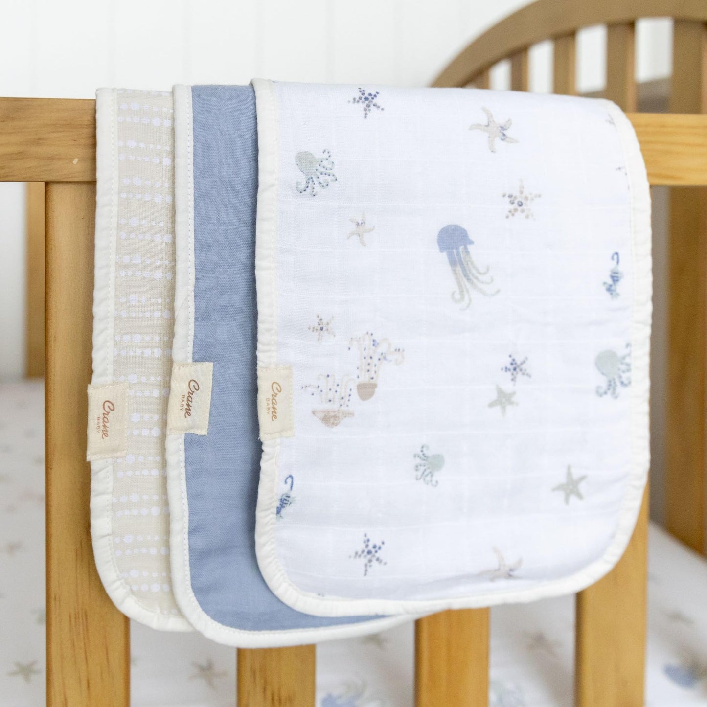 Crane Baby Muslin Burp Cloths, Nautical Theme Whale Design, Baby Boy Essentials, Cotton, Set of 3, 7" x 20" Blue Burp Cloth Set
