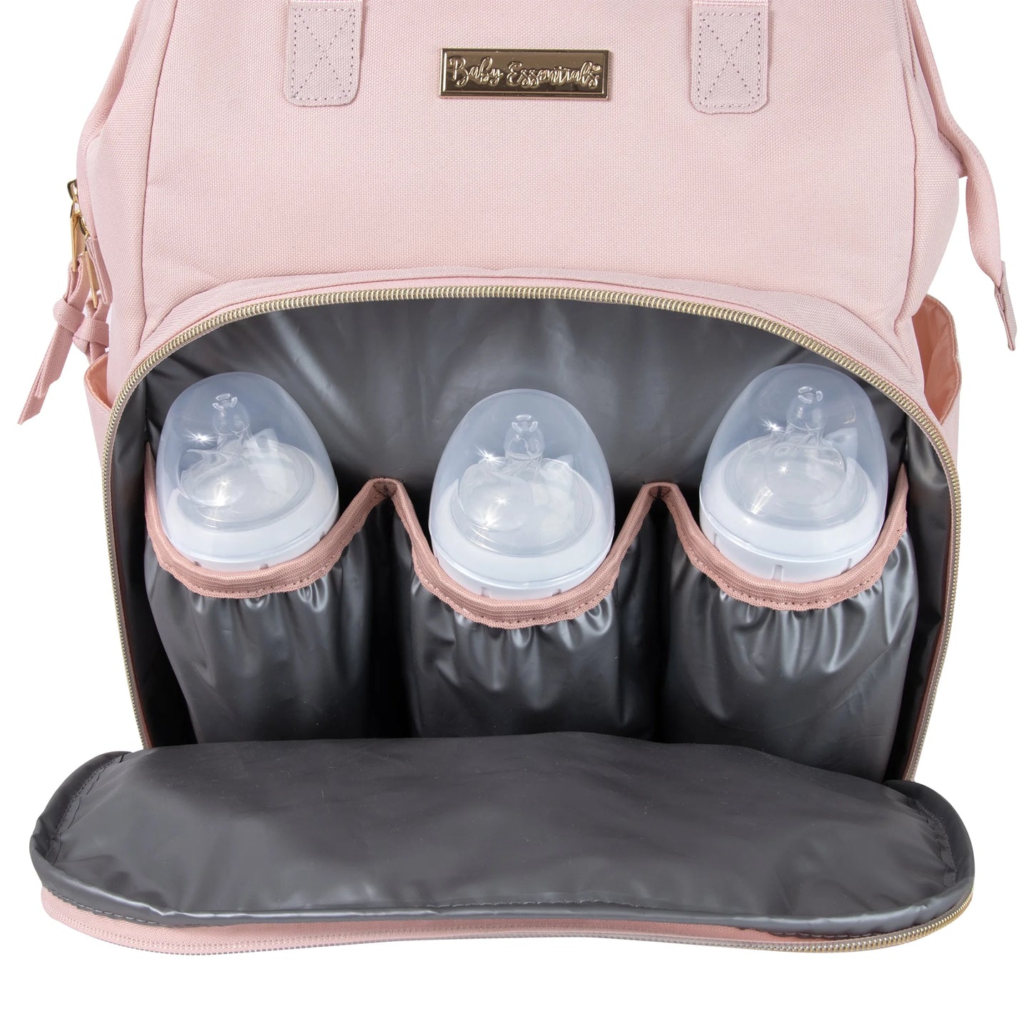 Super Cooler Main Frame Dual Zipper Closure Diaper Bag Backpack Tote with Matching 6-Ply Changing Pad, Insulated Bottle Pockets, Stroller Straps and Pacifier Pouch in Mauve Pink