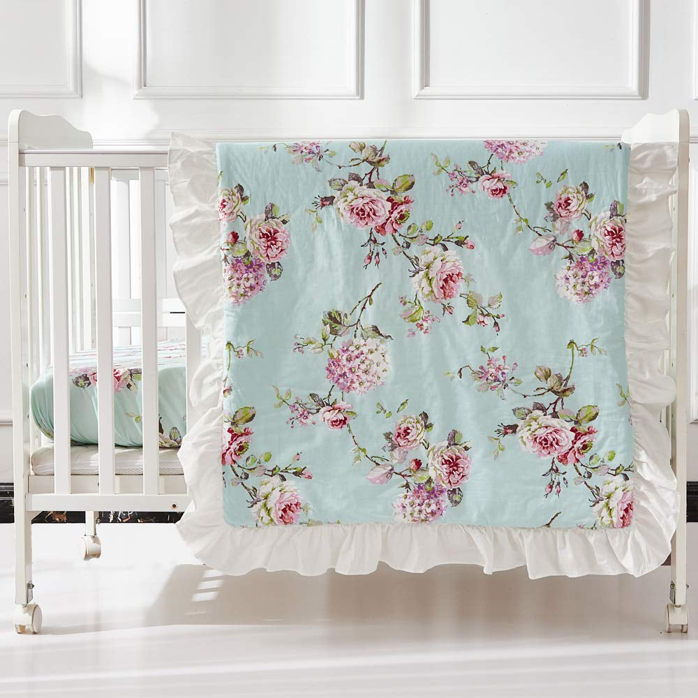 French Country Crib Bedding Set for Girls | 3 Piece Floral Nursery Set | Ruffled Baby Comforter, Crib Sheet, Crib Bed Skirt Included