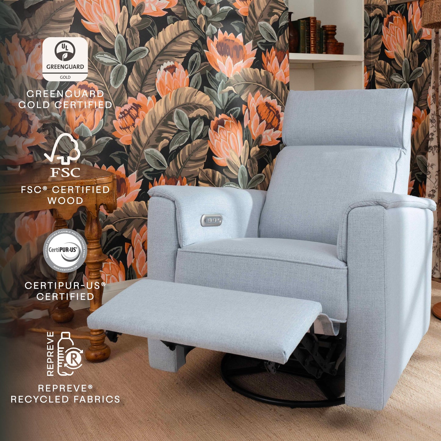 NAMESAKE Willa Plus Electric Power Recliner Chair with Headrest & USB Ports - Water & Stain Resistant Nursery Glider Rocking Chair for Nursing - GREENGUARD Gold Certified 270° Swivel Glider Recliner