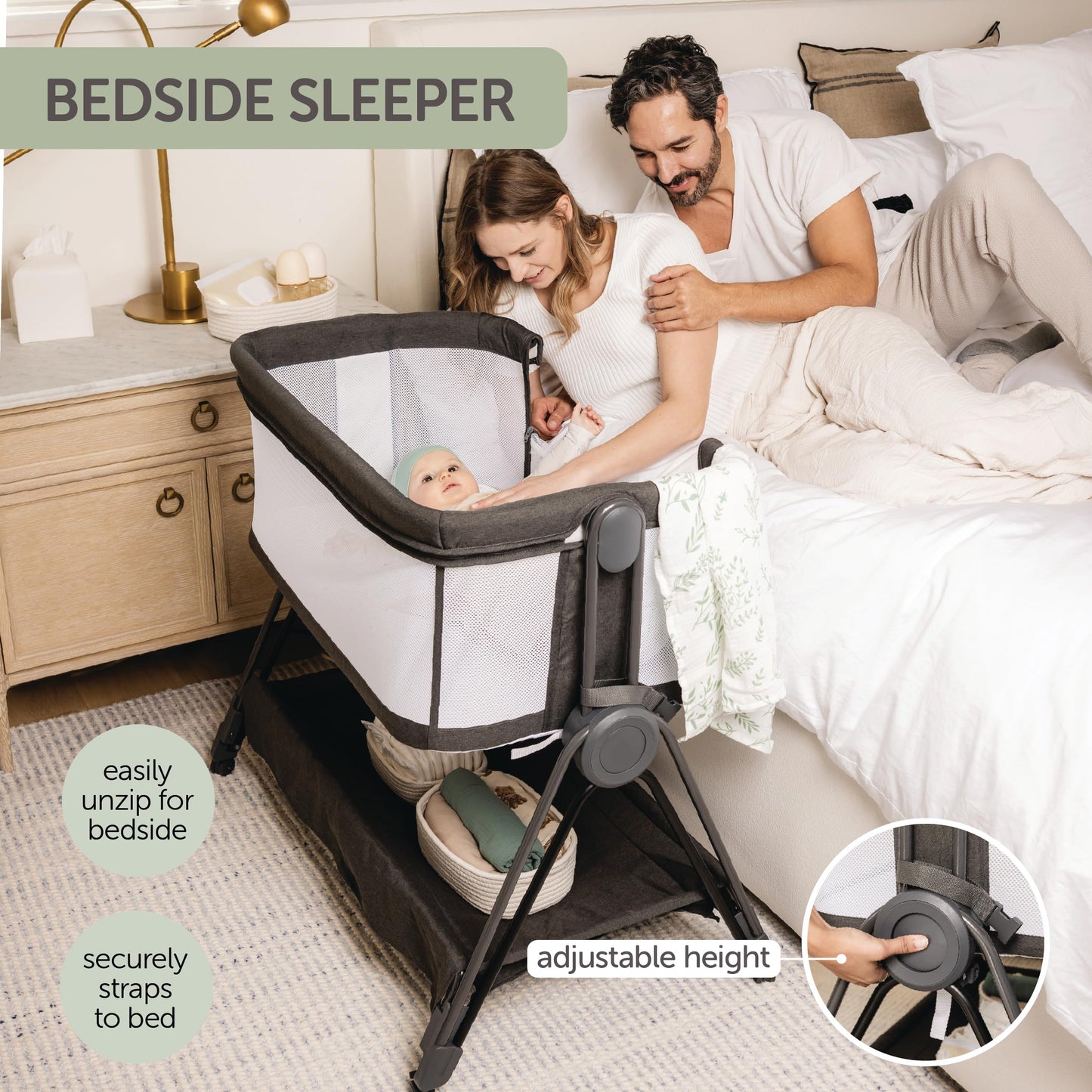 Baby Bedside Sleeper - Bassinet & Bedside Crib with Height Adjustment & Wheels - Can Be Placed Next to Bed - Attaches to Parents Bed - Easy to Fold & Carry Bassinet for Girls (Pink)