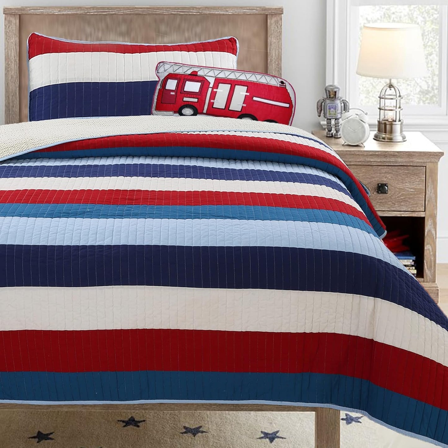 Aaron Bedding Quilt Set, Nautical Navy Blue Red Off-White Striped 100% Cotton Reversible Coverlet Bedspread Bedding Set (National Stripe, Twin - 2 Piece)