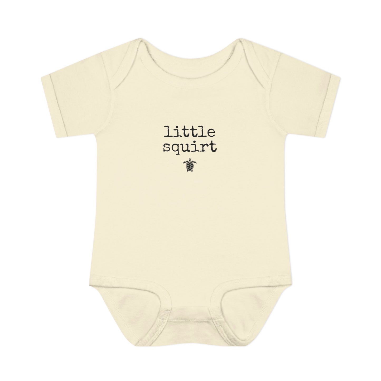 Beige baby onesie with 'little squirt' text on a white background