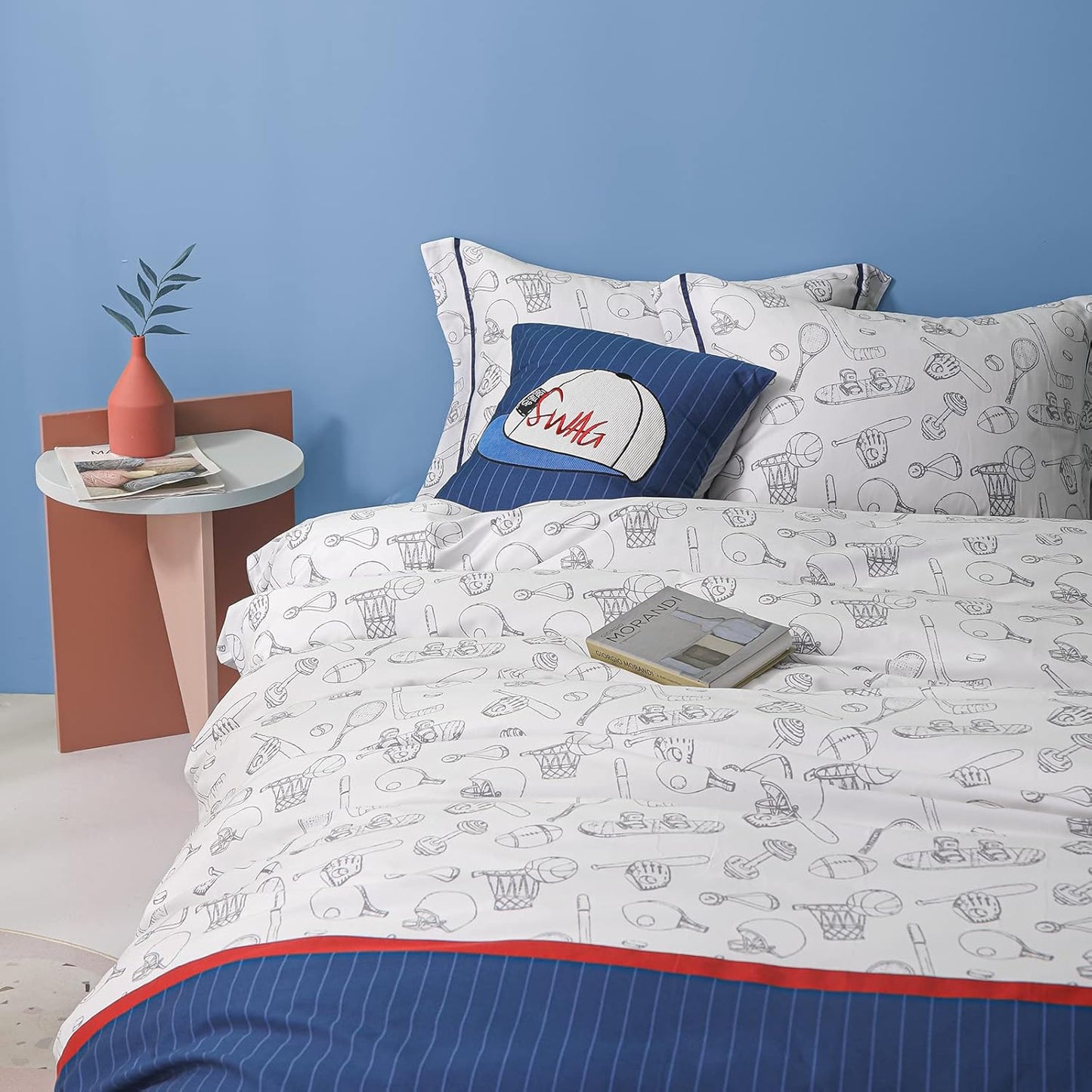100% Organic Cotton Duvet Cover for Kids Teens, 3 Piece Soft Cartoon Comforter Cover with Zipper Closure, Boys Bedding Set with Baseball Pattern,Twin