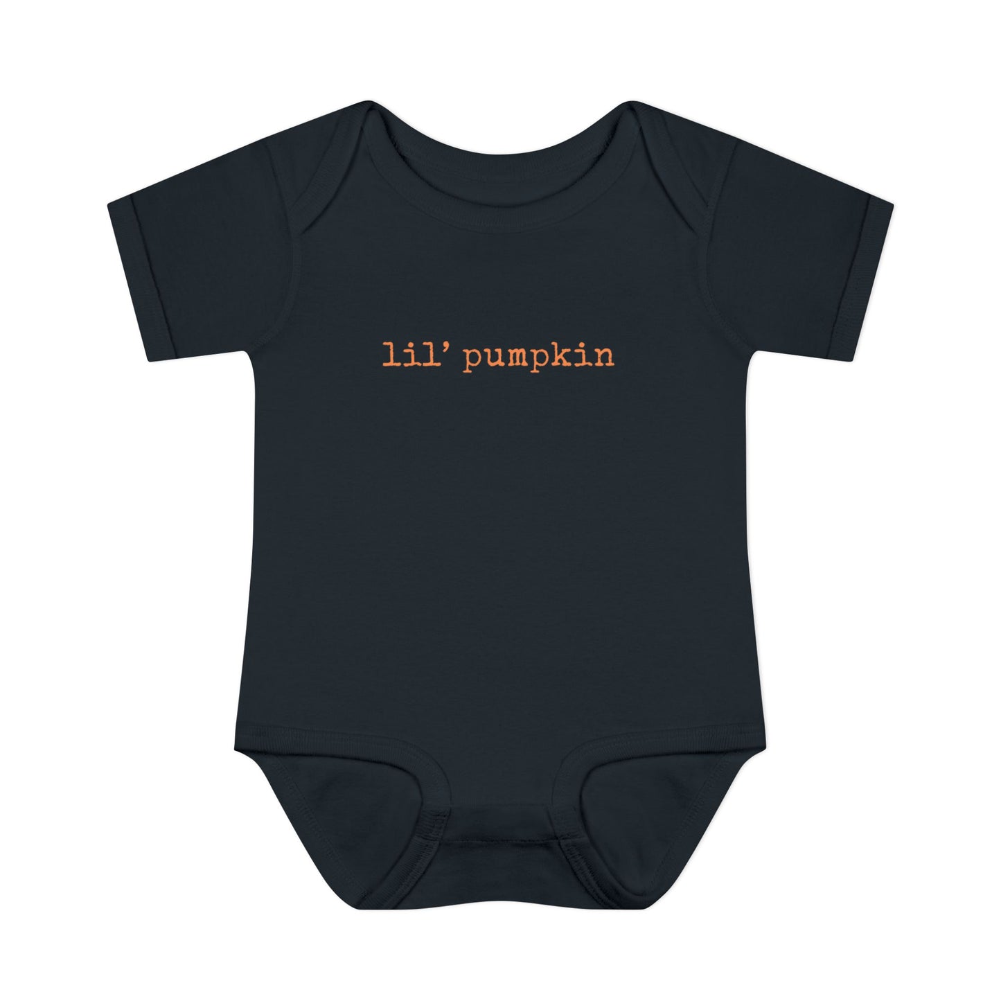 Black baby onesie with 'lil' pumpkin' text on a white background