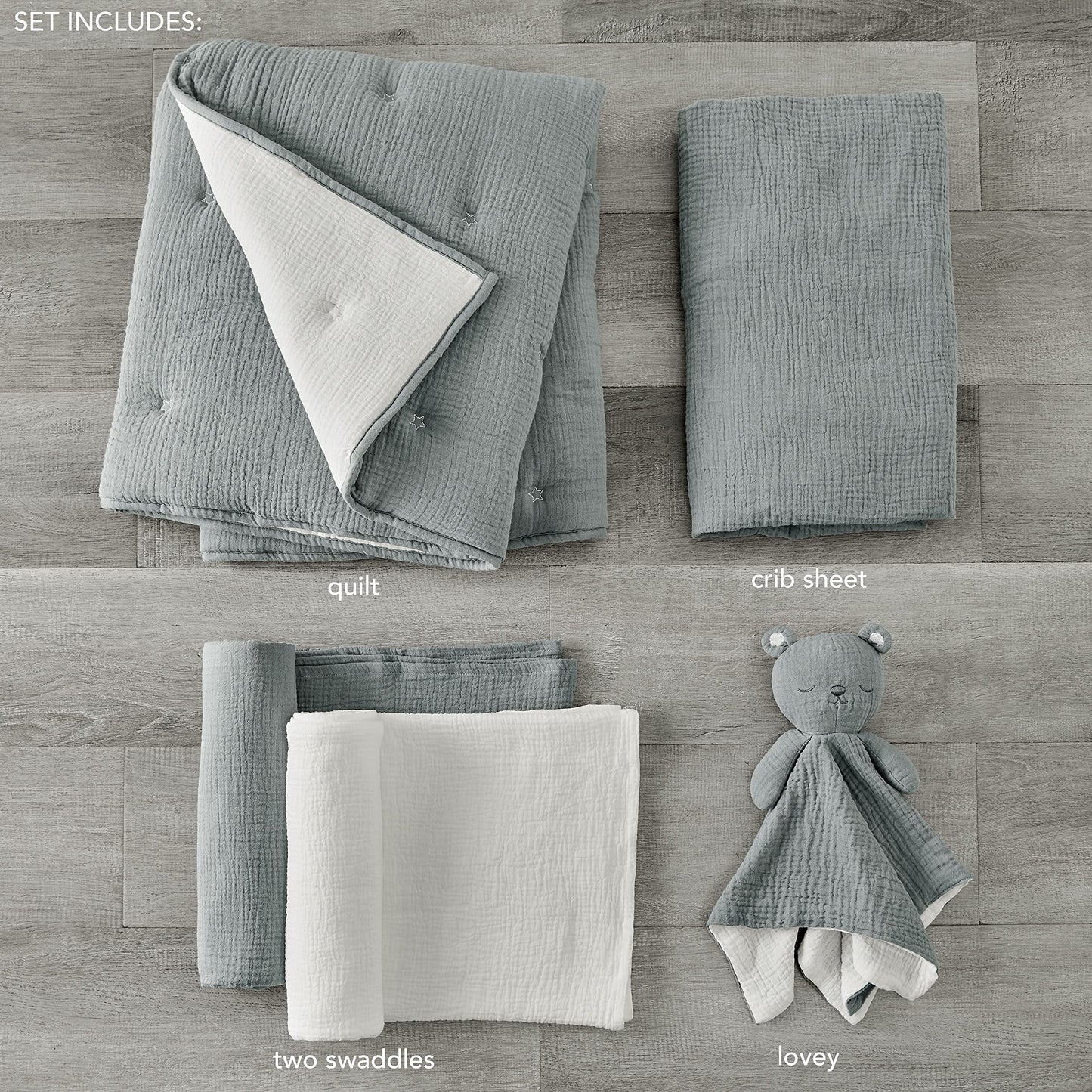 Levtex Baby - Cloud Muslin Crib Bed Set - Baby Nursery Set - Sage and White Stars - Sage Textured Muslin - 5 Piece Set Includes Quilt, Fitted Sheet, Two Swaddles & Bear Lovey