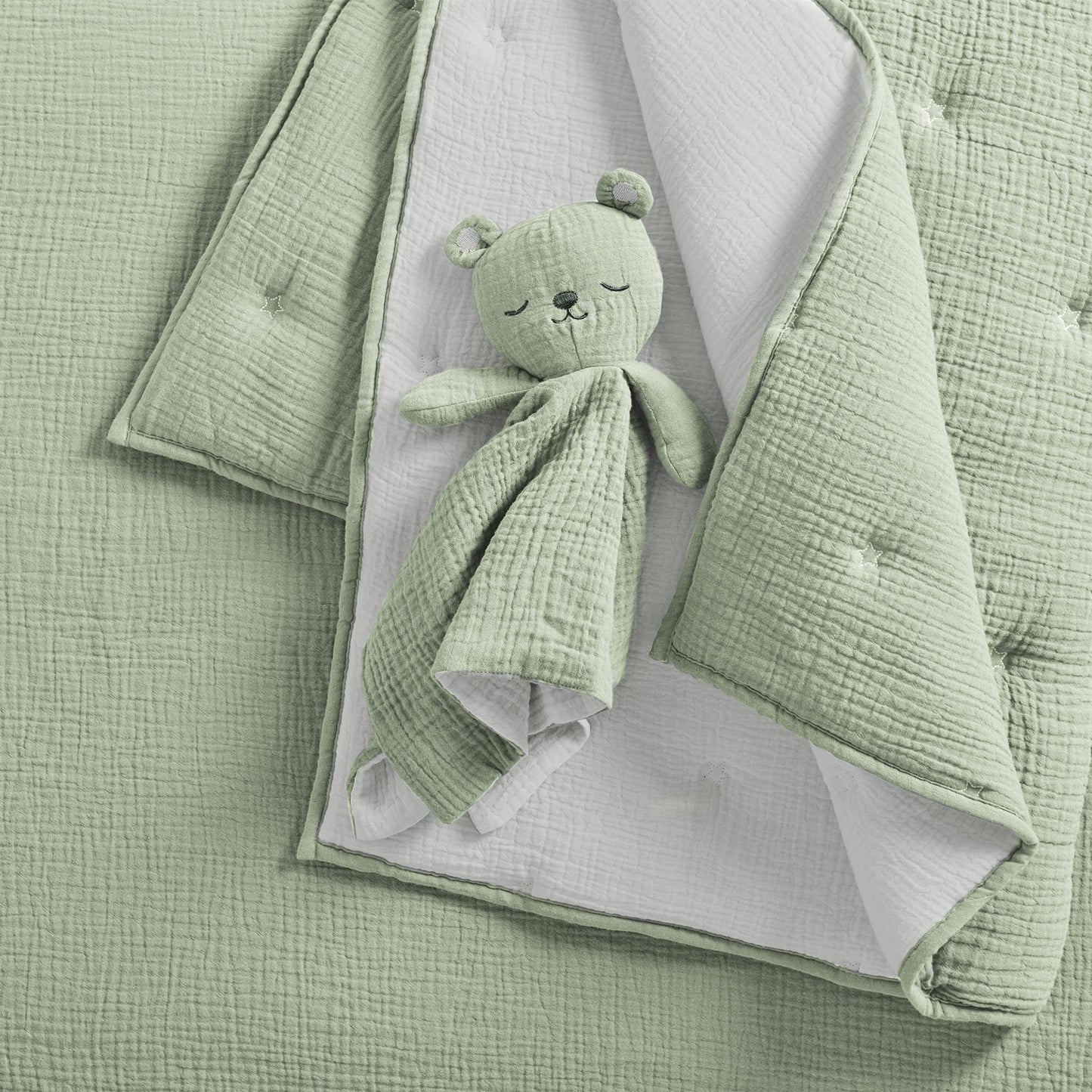Levtex Baby - Cloud Muslin Crib Bed Set - Baby Nursery Set - Sage and White Stars - Sage Textured Muslin - 5 Piece Set Includes Quilt, Fitted Sheet, Two Swaddles & Bear Lovey