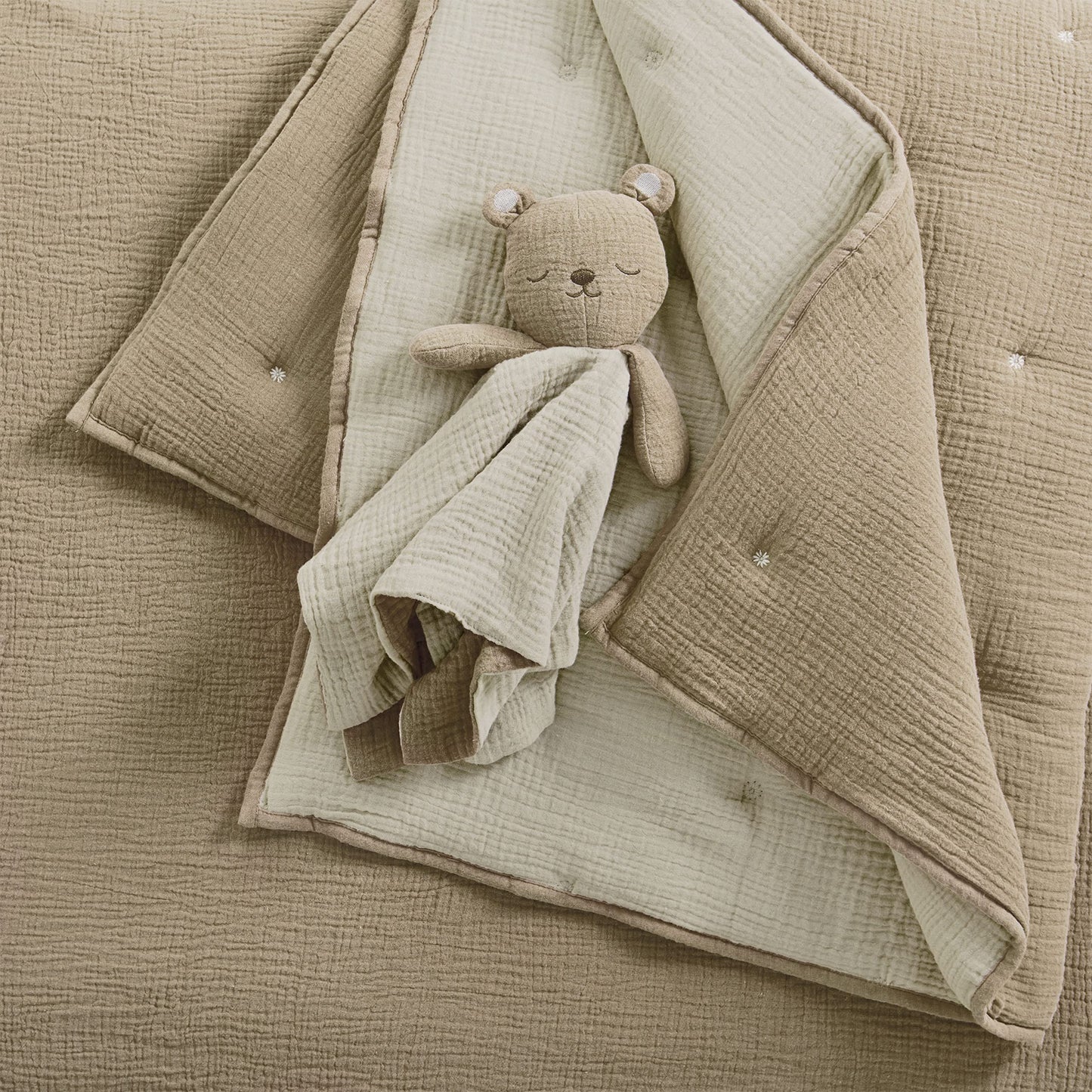 Levtex Baby - Cloud Muslin Crib Bed Set - Baby Nursery Set - Sage and White Stars - Sage Textured Muslin - 5 Piece Set Includes Quilt, Fitted Sheet, Two Swaddles & Bear Lovey