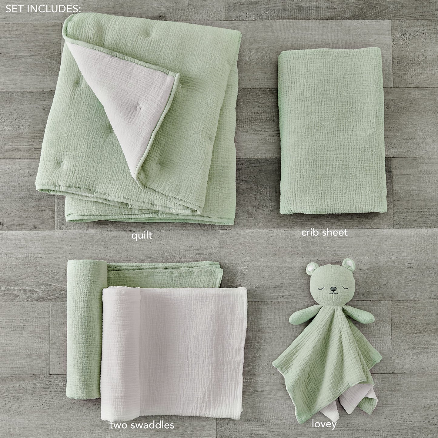 Levtex Baby - Cloud Muslin Crib Bed Set - Baby Nursery Set - Sage and White Stars - Sage Textured Muslin - 5 Piece Set Includes Quilt, Fitted Sheet, Two Swaddles & Bear Lovey