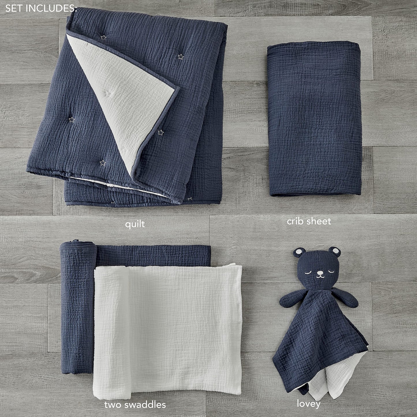 Levtex Baby - Cloud Muslin Crib Bed Set - Baby Nursery Set - Sage and White Stars - Sage Textured Muslin - 5 Piece Set Includes Quilt, Fitted Sheet, Two Swaddles & Bear Lovey