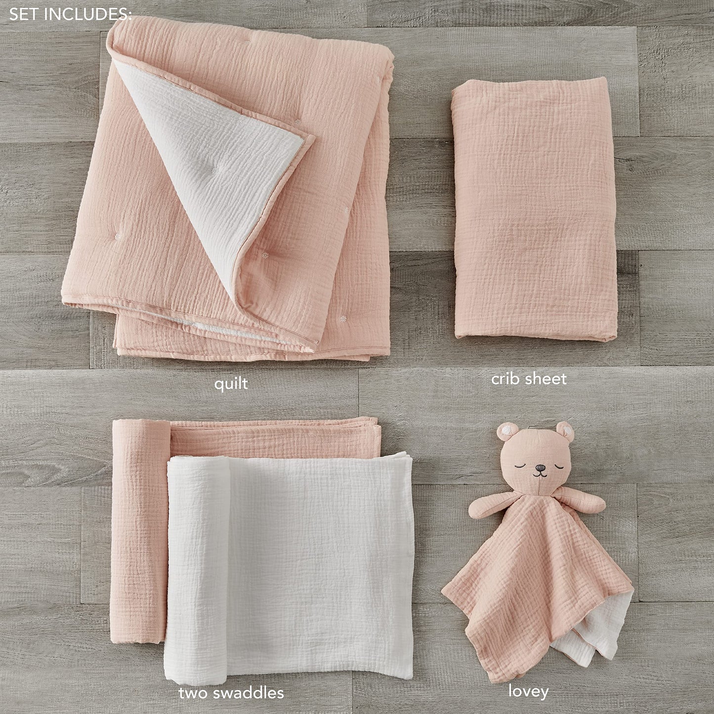 Levtex Baby - Cloud Muslin Crib Bed Set - Baby Nursery Set - Sage and White Stars - Sage Textured Muslin - 5 Piece Set Includes Quilt, Fitted Sheet, Two Swaddles & Bear Lovey