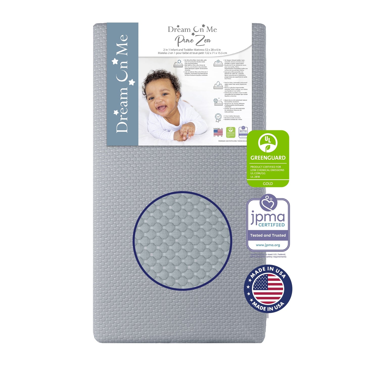 Pure Zen 2 in 1 Crib & Toddler Mattress, White and Grey, Greenguard Gold Certified